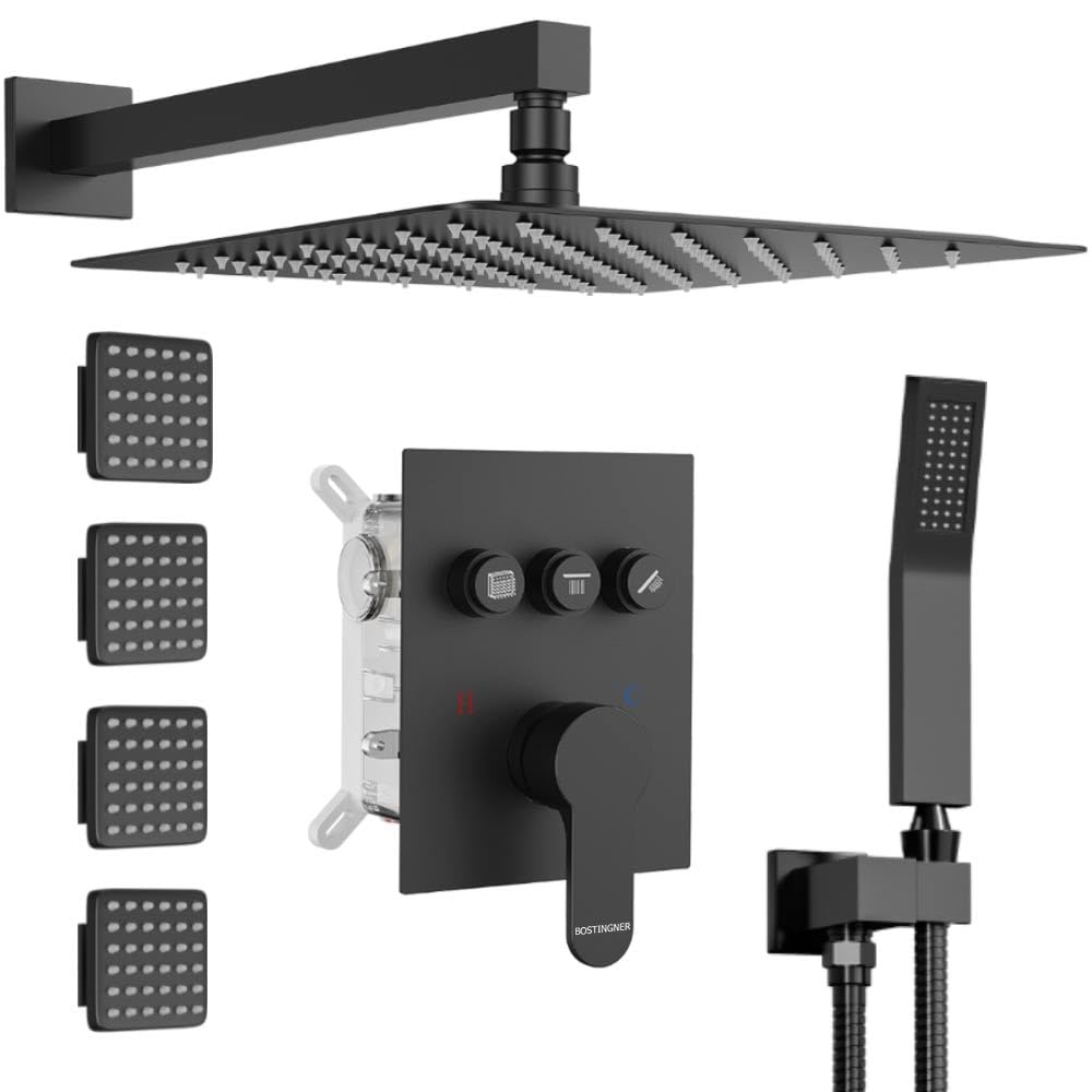 Shower Faucets Sets Matte Black Shower System with Body Jets,Bostingner 12" Rain Shower Head with Handheld Spray,Can Use at Same Time,3 Way Push Button Diverter Shower Set with Valve Kit Complete