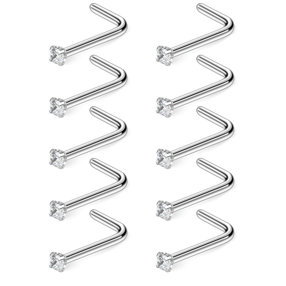 Ruifan 10-40PCS 18G Surgical Steel Diamond CZ Nose Stud Rings L Shaped Piercing Jewelry 1.5mm 2mm 2.5mm 3mm