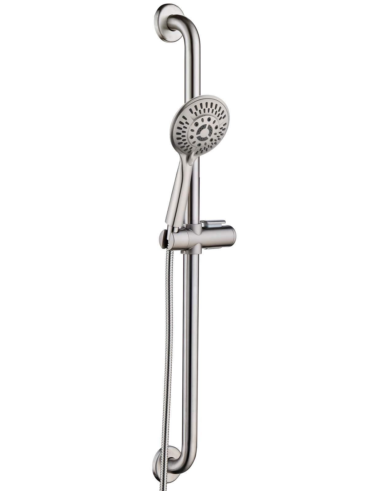 BRIGHT SHOWERS Slide Bar Shower Set with Handheld Shower Head, ADA-Compliant Stainless Steel Grab Bar, Adjustable Height and 69-Inch Hose – Brushed Nickel