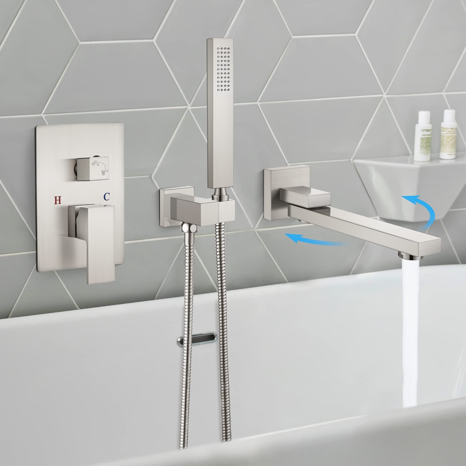 gotonovo Wall Mounted Bathtub Faucet with Hand Held Sprayer,Tub Shower Faucet Set,Single Handle Bathroom Shower System Mixer for Tub,Rough-In Valve Included Swivel Tub Spout Brushed Nickel