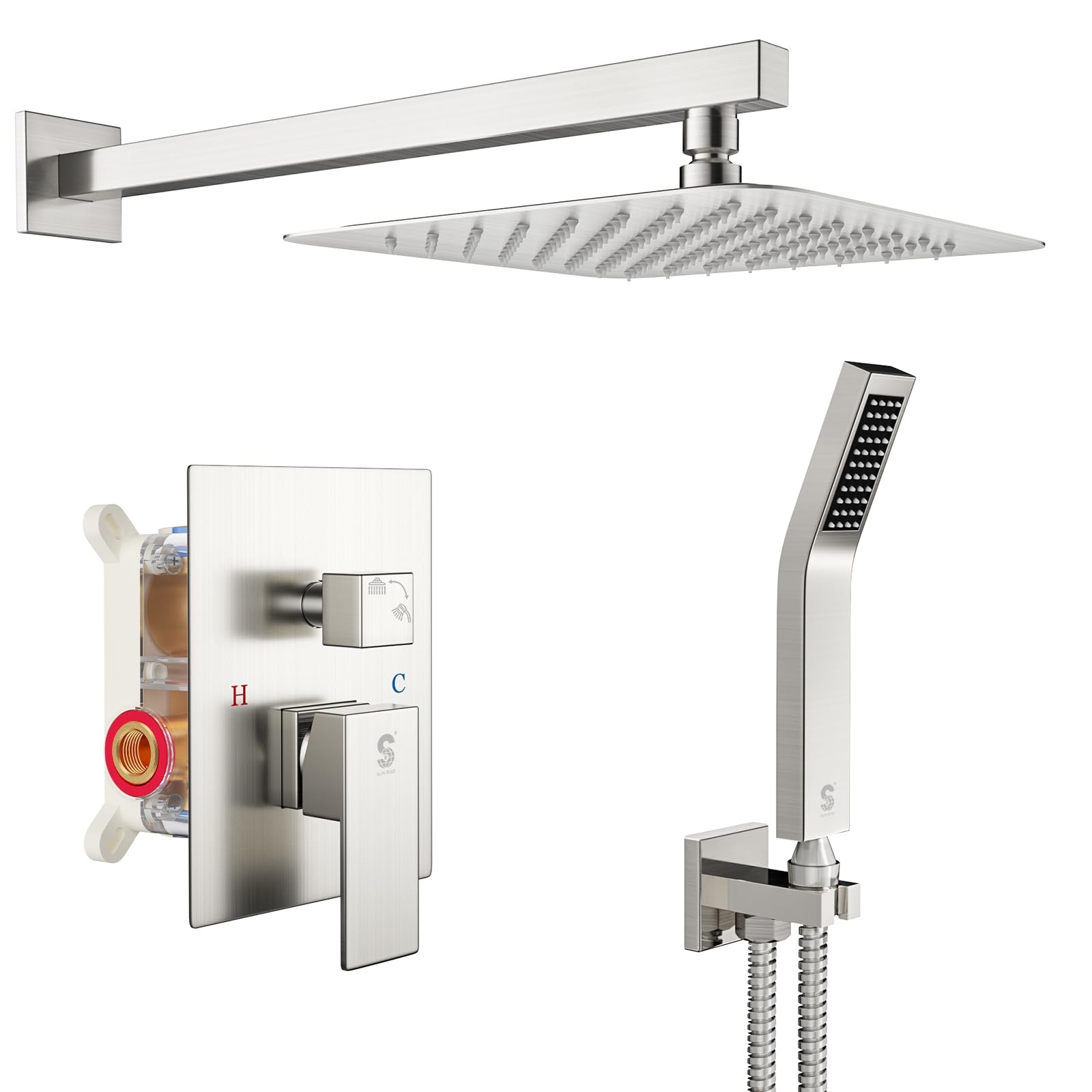 SR SUN RISE Shower Faucet Set Bathroom Square Rain Shower Head with Handheld Spray Wall Mounted Rainfall Shower Fixtures Brushed Nickel Shower Faucet Trim Repair Kits (Contain Shower Valve)10 Inches