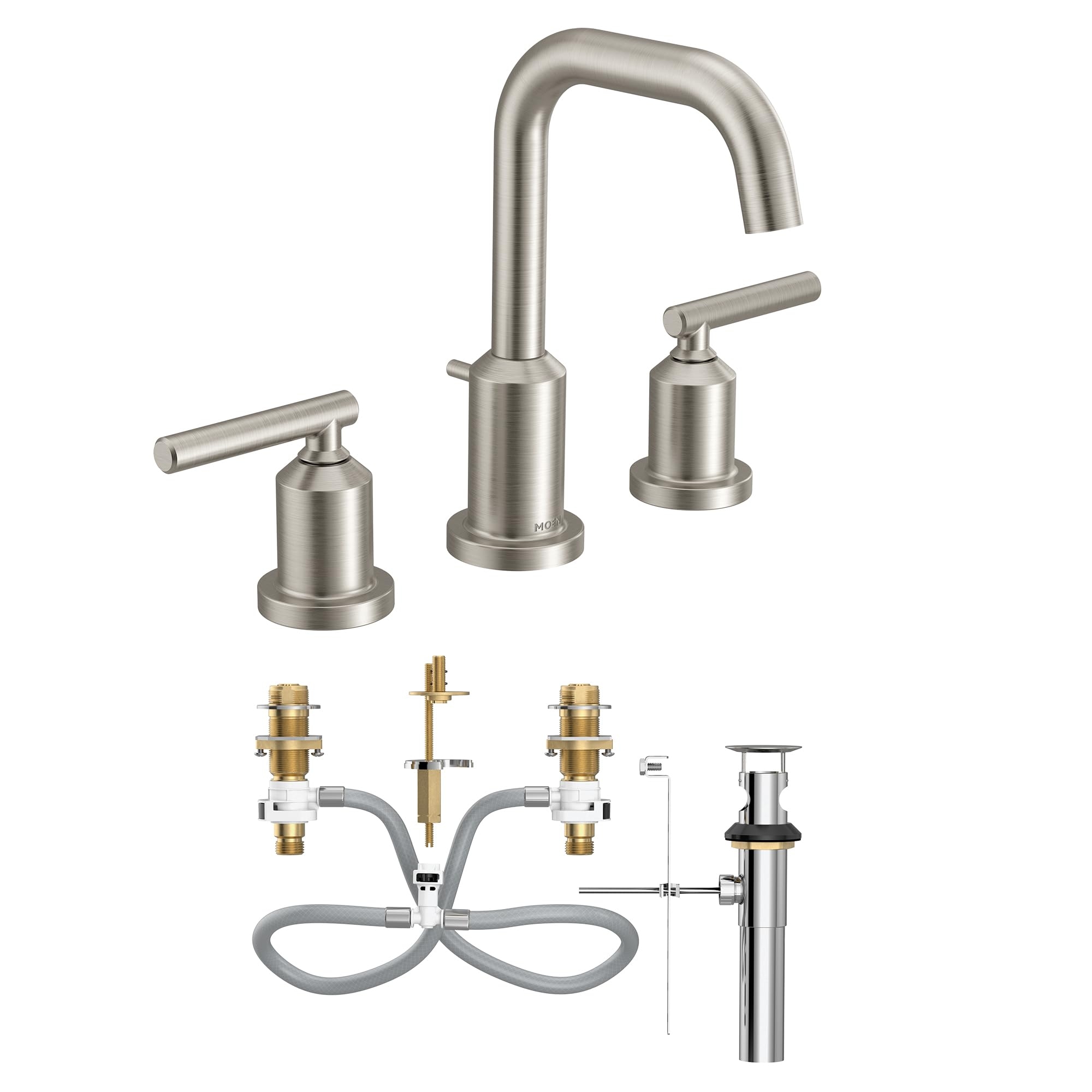 Moen Gibson Brushed Nickel Two-Handle High Arc Widespread Bathroom Sink Faucet for 3-Hole Setups with Valve Included, TV6142BN