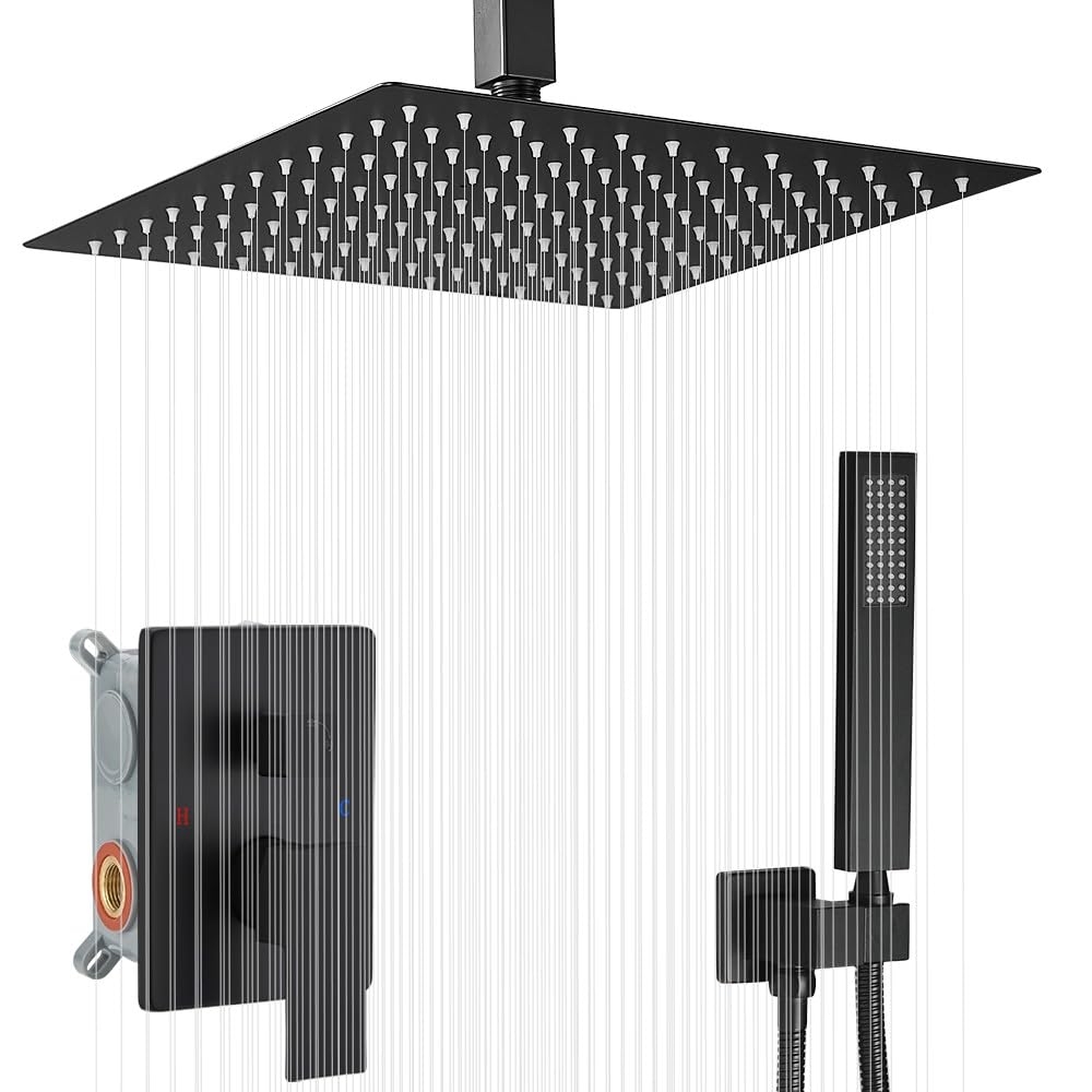 JingGang 12 Inch Ceiling Mount Matte Black Shower System Bathroom Luxury Rain Mixer Shower Combo Set Ceiling Rainfall Shower Head System (Contain Shower Faucet Rough-in Valve Body and Trim)