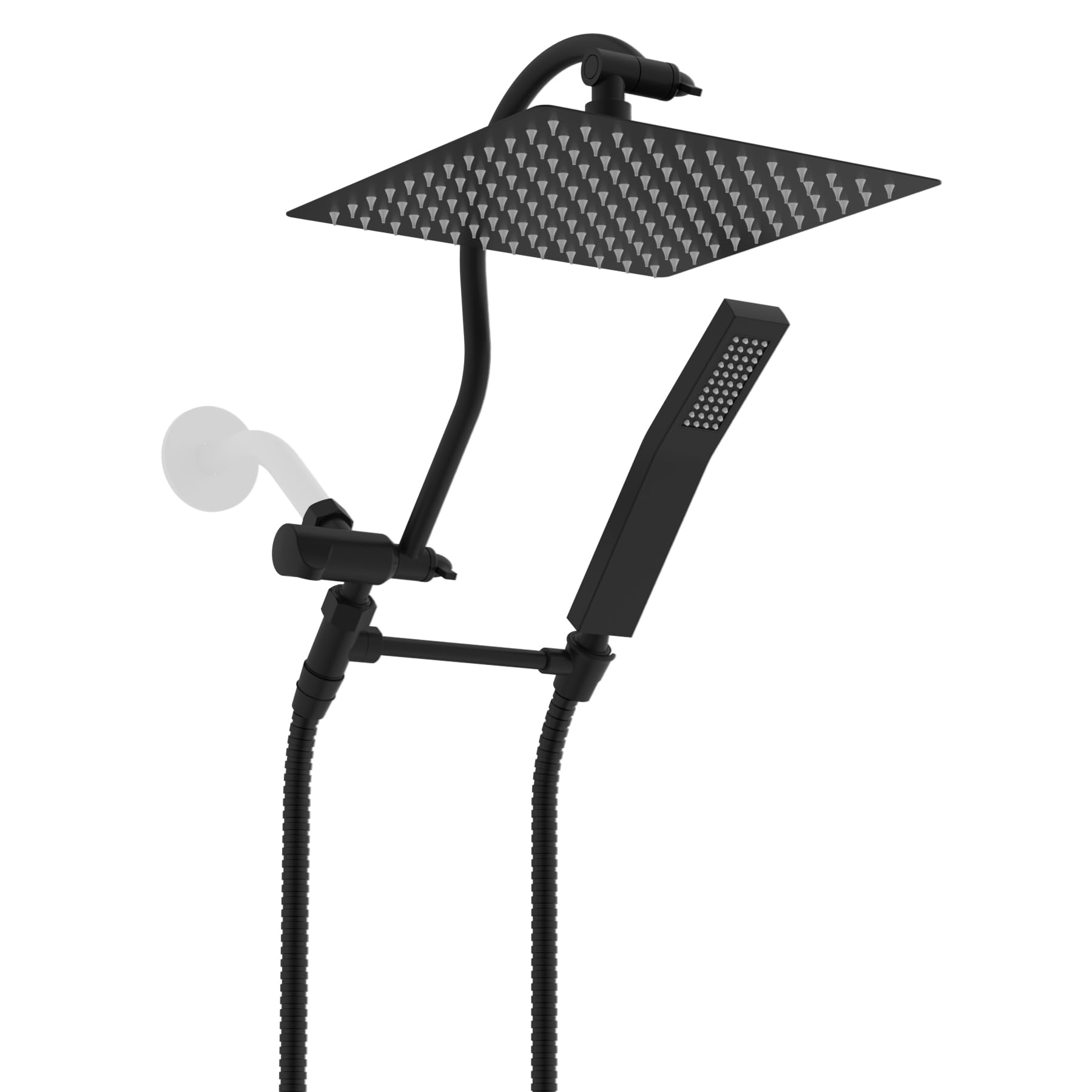 Hibbent All Metal Shower Head, 10'' High Pressure Rainfall Shower Head, Showerhead Combo, Handheld Shower Wand, 12'' Adjustable Curved Shower Extension Arm, 71'' Hose, Shower Head Holder, Matte Black