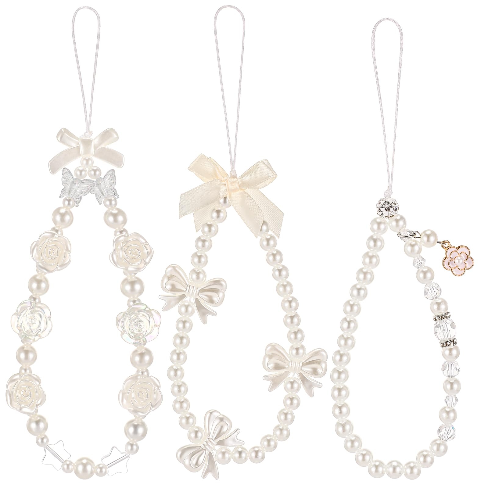 Ecally 3 Pcs Phone Wrist Strap Beaded Pearl Butterfly Cell Phone Charm Strap Cute Flower Y2k Lanyard for Camera Keychain Wallet Pendant Decor
