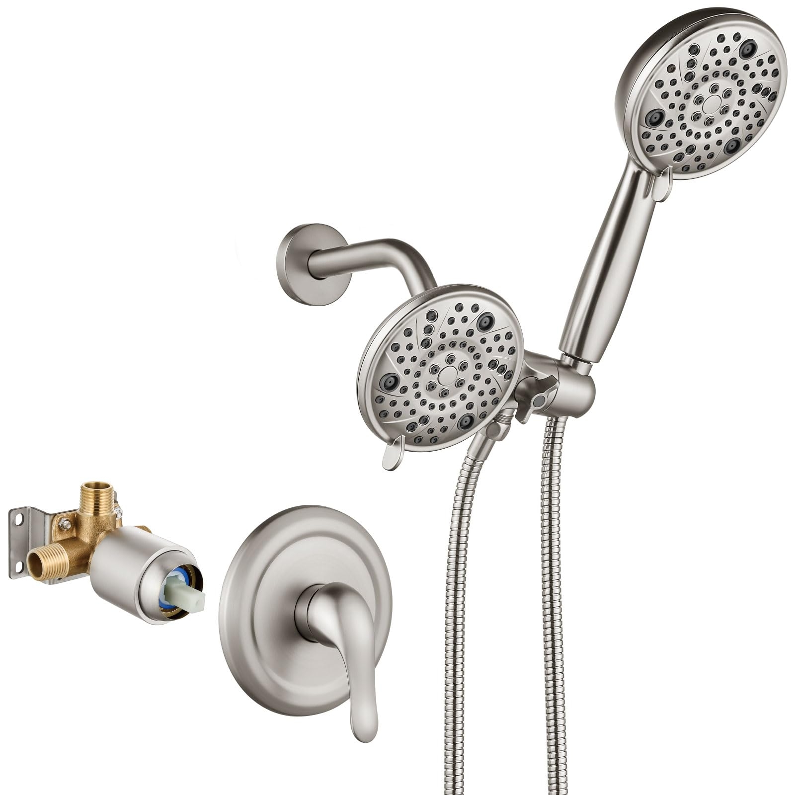 Aolemi Shower Faucet Set Rain Shower Head System Shower Trim Kit Pressure Rough-in Valve Included 8 Setting Dual Shower Head and Handheld Spray Brushed Nickel