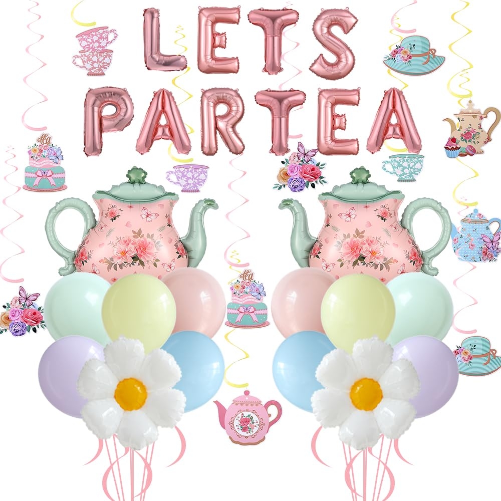 Tea Party Decorations 26Pcs Macaron Balloons with LETS PARTEA Foil Balloon Banner, Teacups andTeapot Hanging Swirls for Floral Spring Birthday Mother's Day Talking Tables Tea Party Supplies