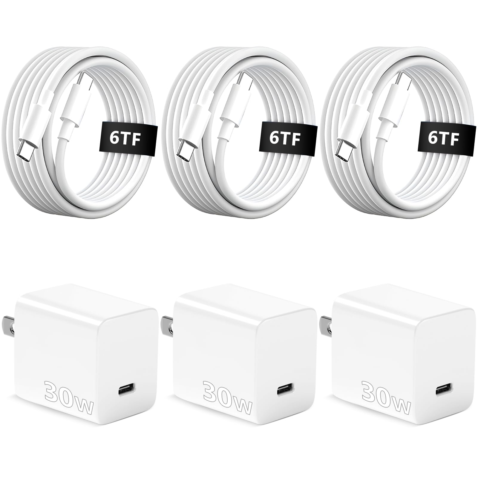 iPhone 15 16 Charger Nano Fast Charging 3+3Pack 30W GaN USB C Charger Block Type C Chargers 6FT Cord Wall Chargers Compatible with iPhone 16/16 Plus/16 Pro/16 Pro Max/15/15 Pro Max/iPad Pro/AirPods
