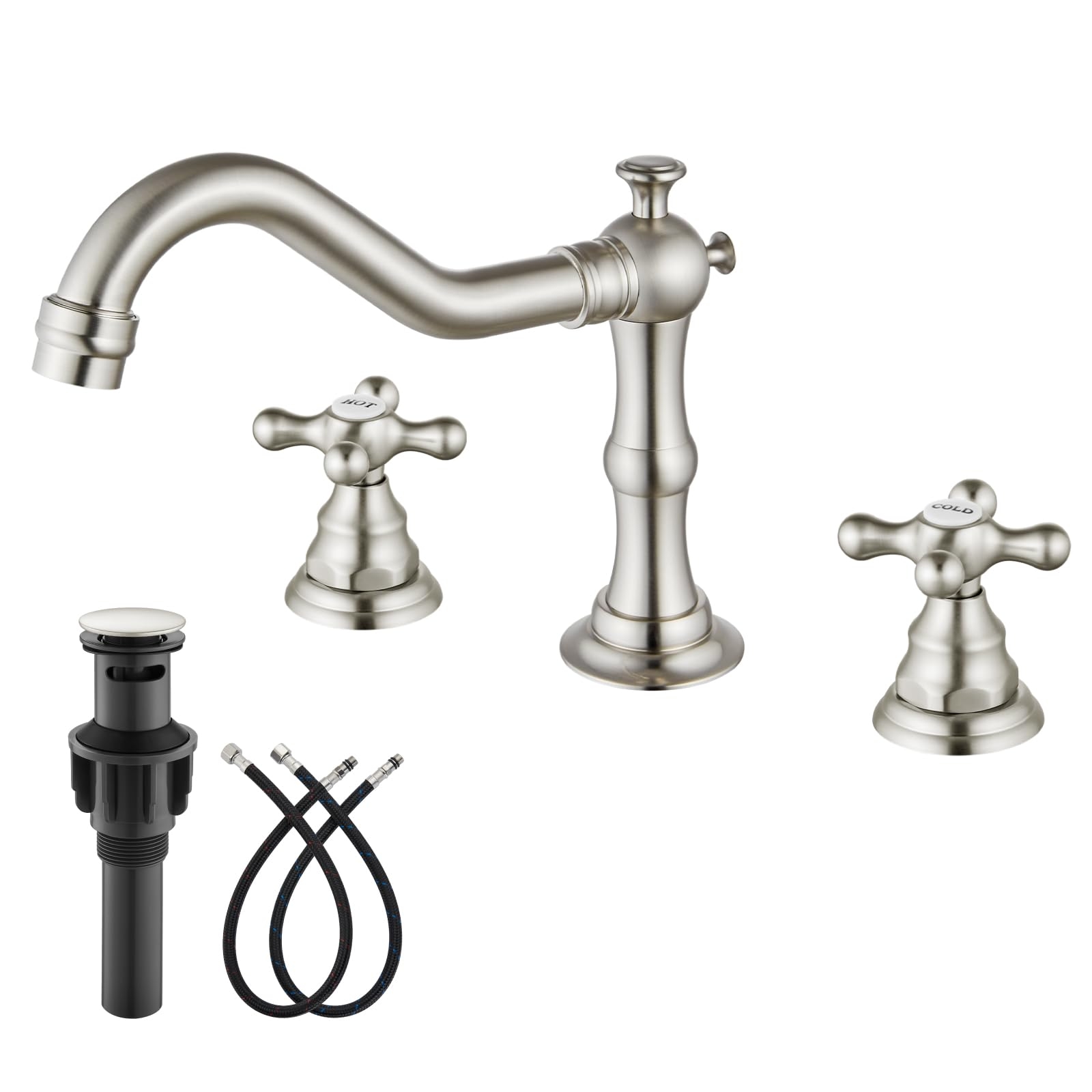 gotonovo Bathroom Sink Faucet Widespread Brushed Nickel Double Mixing Tap Deck Mount Cross Knobs 3 Hole with Pop Up Drain