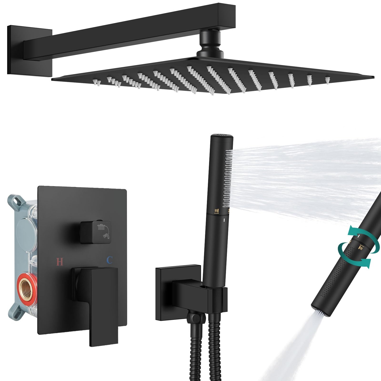 Aolemi Shower System with Rainfall Shower Head and Handheld Wall Mount,High Pressure Shower Faucet Set Fixture Combo with 2 in 1 Handheld Spray Rough-in Valve,12 Inch Shower Head Matte Black