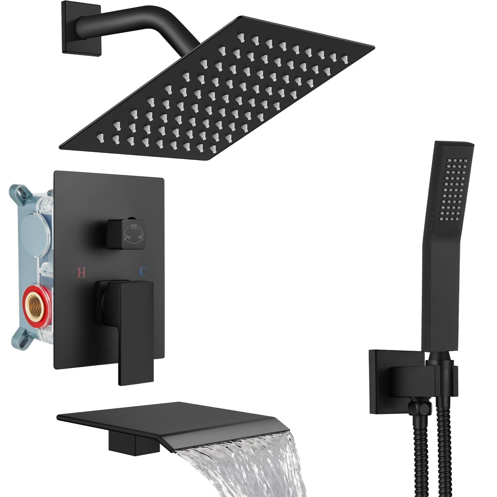 Midanya Rain Shower System Tub Shower Faucet Set Square Rainfall Head with Handheld Sprayer and Waterfall Tub Spout Rough-in Valve Included,8 Inch Matte Black