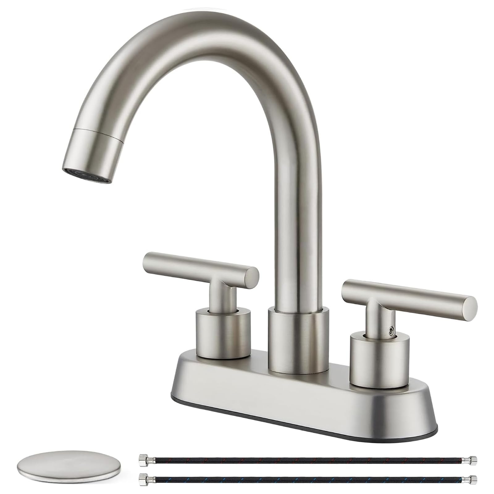 Cinwiny 4 Inch Centerset Bathroom Sink Faucet Double Handles Bathroom Vanity Faucets 360 Degree Swivel Spout Deck Mount Mixer Tap with Pop-up Drain,Brushed Nickel