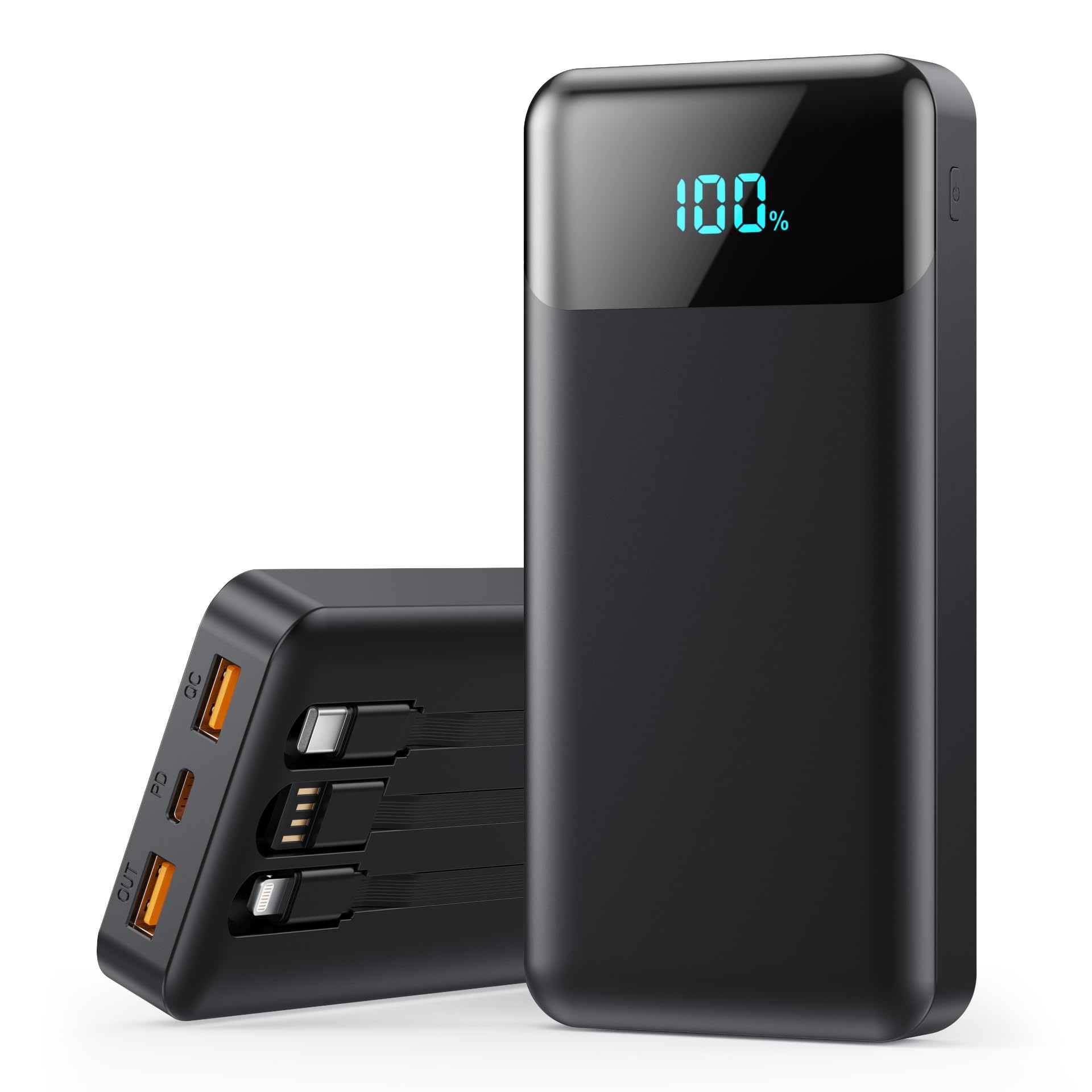 Portable Charger 40800mAh Power Bank with 3 Built-in Cable,25W PD USB C in&Out Power Bank Fast Phone Charging,QC4.0 LED Display Portable Battery Pack Compatible with iPhone 16/15, Galaxy Android-Black