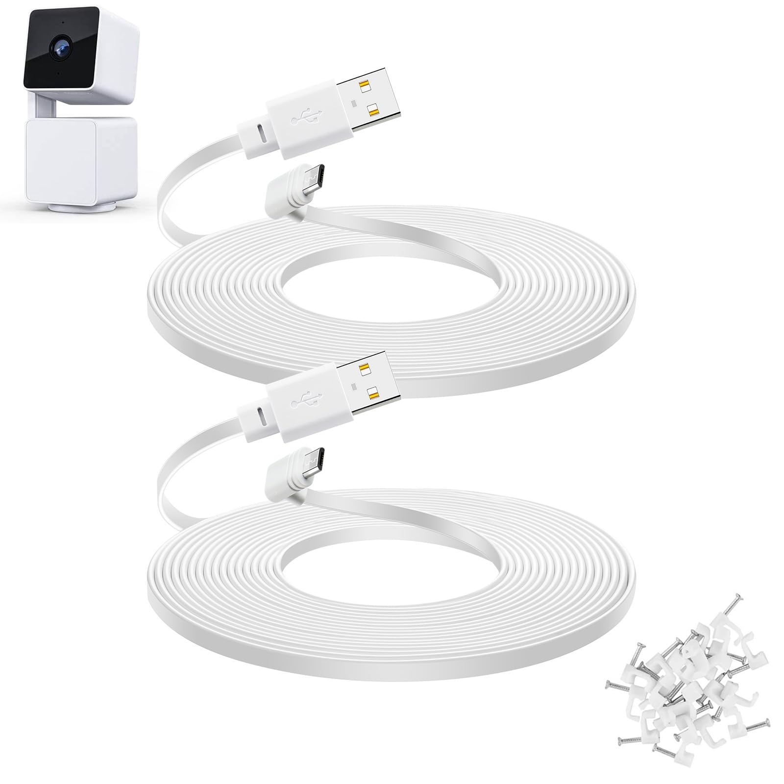 YEAOI 2-Pack 30 ft Extension Cable for WYZE Cam Pan V3 Outdoor Camera, Micro USB 90 Degree Power Adapter, Flat Cord, White