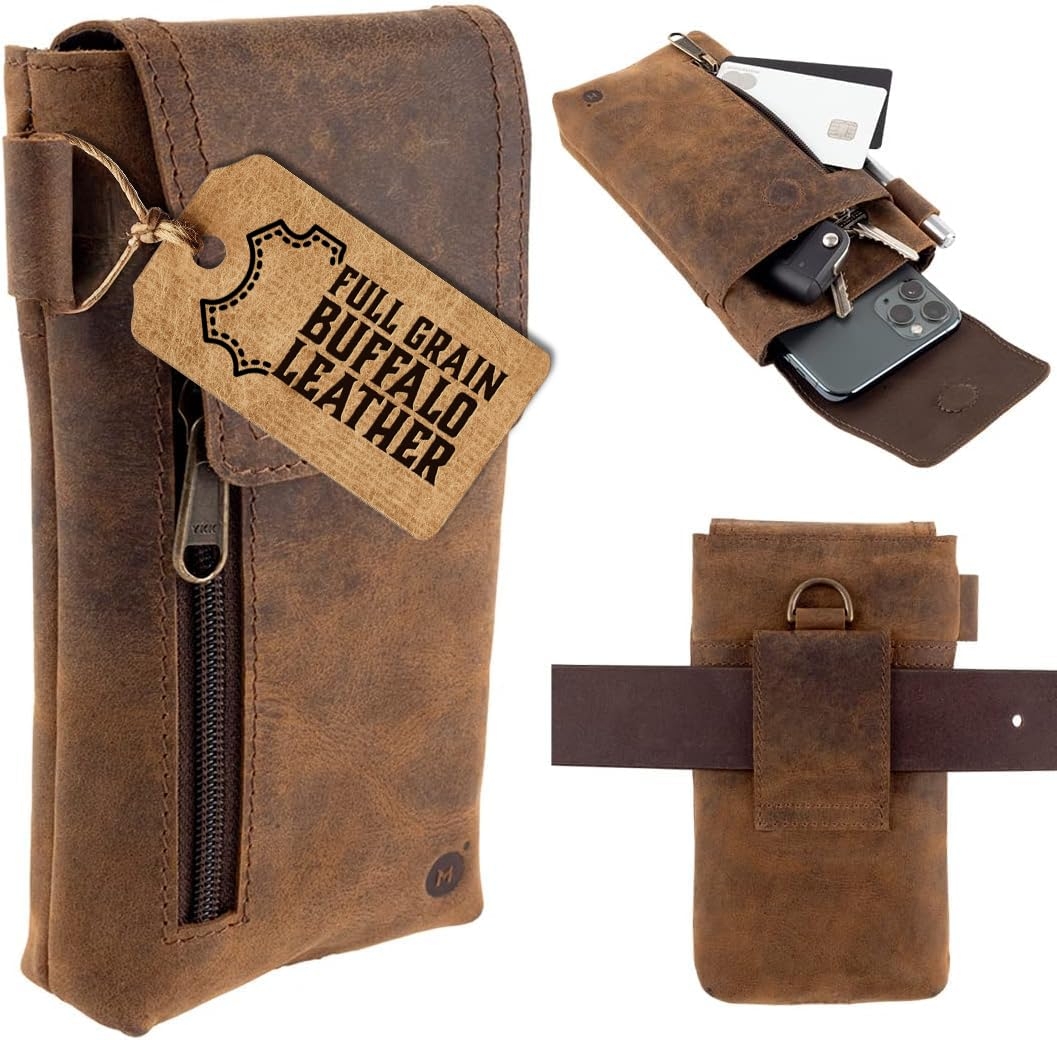 Moonster Leather Cell Phone Holster Genuine Full-Grain Buffalo Leather Secure & Durable Phone Belt Holder - 7'H x 3.5" W