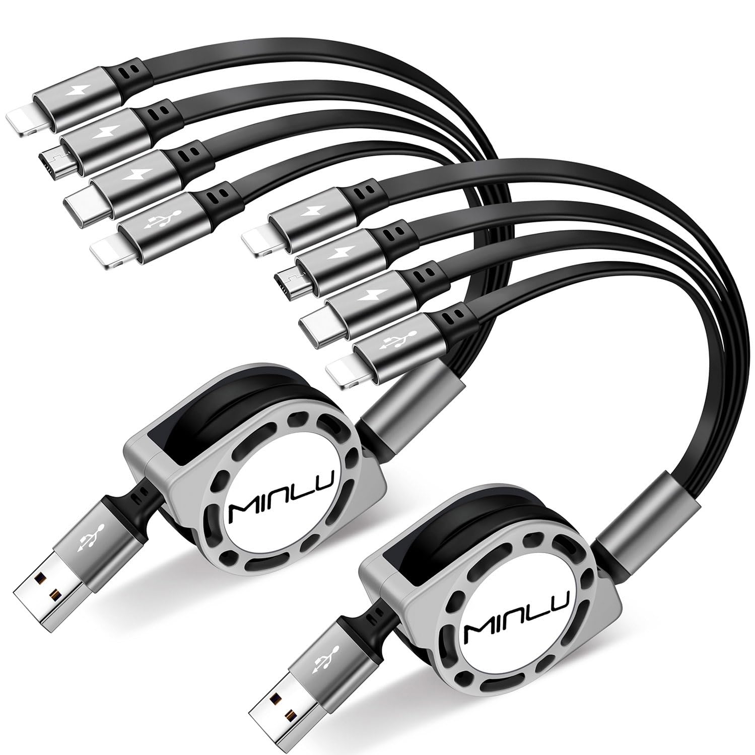 MINLU Multi Charging Cable 4A, 2Pack 4Ft Retractable Multi Fast Charger Cable, Multiple Charging Cord, 4 in 1 Multi USB Cable with Type C/Micro USB Ports for Cell Phones/IP/Galaxy/PS/Tablets/iPads