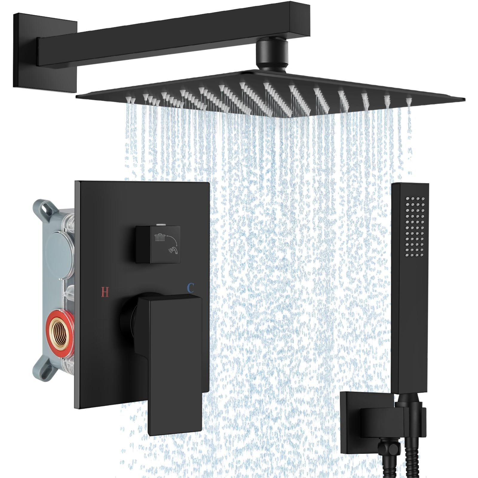 Midanya Rain Shower System Square Rainfall Shower Head Wall Mount Shower Faucet Set with Hand Sprayer Rough-in Valve Trim Kit Bathroom Mixer Shower Combo Set,10 Inch,Matte Black
