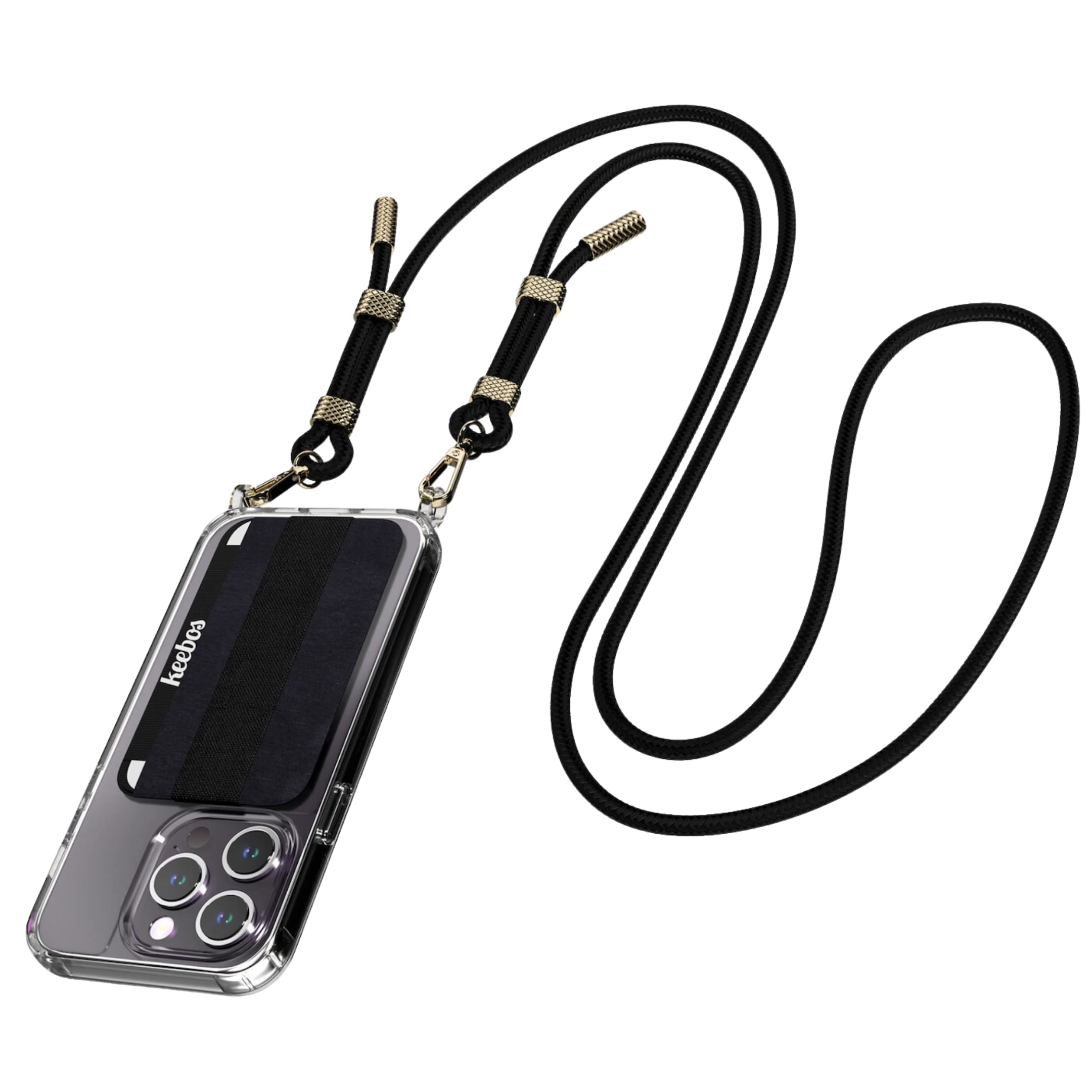 Keebos - Crossbody iPhone Case with Card Wallet and Detachable Strap Design - (Clear Case, Black Strap) Size iPhone 16 Pro