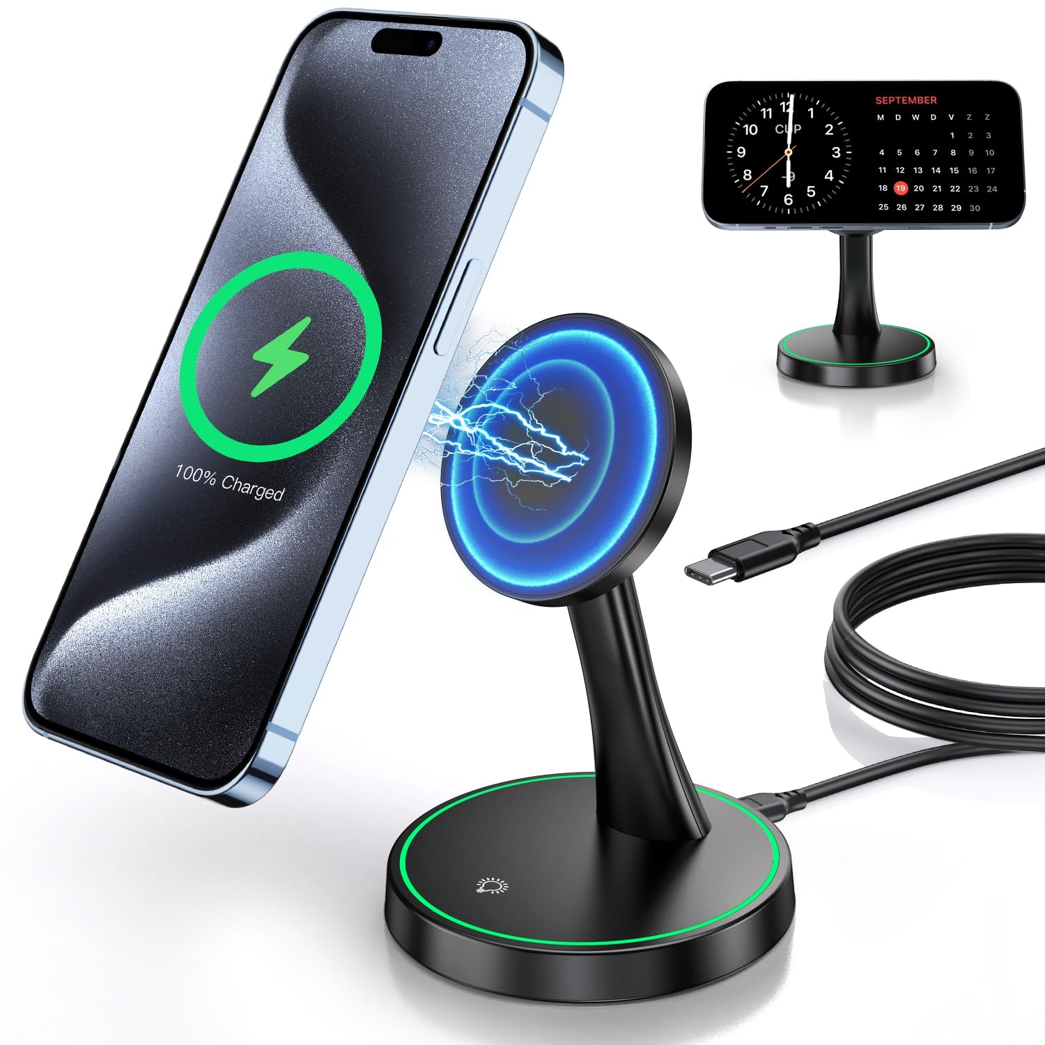 Magnetic Wireless Charger Stand 15W Fast Mag-Safe Charger for iPhone 16/16 Pro/16 Plus/16 Pro Max/15/14/13/12 Series Magnet Wireless Charging Station/Pad with Sleep-Friendly Light for AirPods