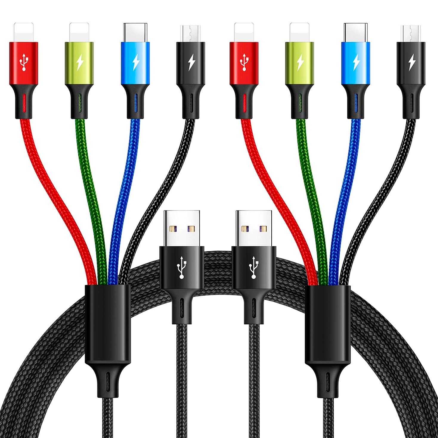 Multi Charging Cable 3.5A Multiple Charger Cable Braided 4 in 1 Multi USB Cable Fast Charging Cord with IP/Type C/Micro Ports for Cell Phones/iPhone Series/Tablets/Samsung Galaxy & More (2Pack 4Ft)