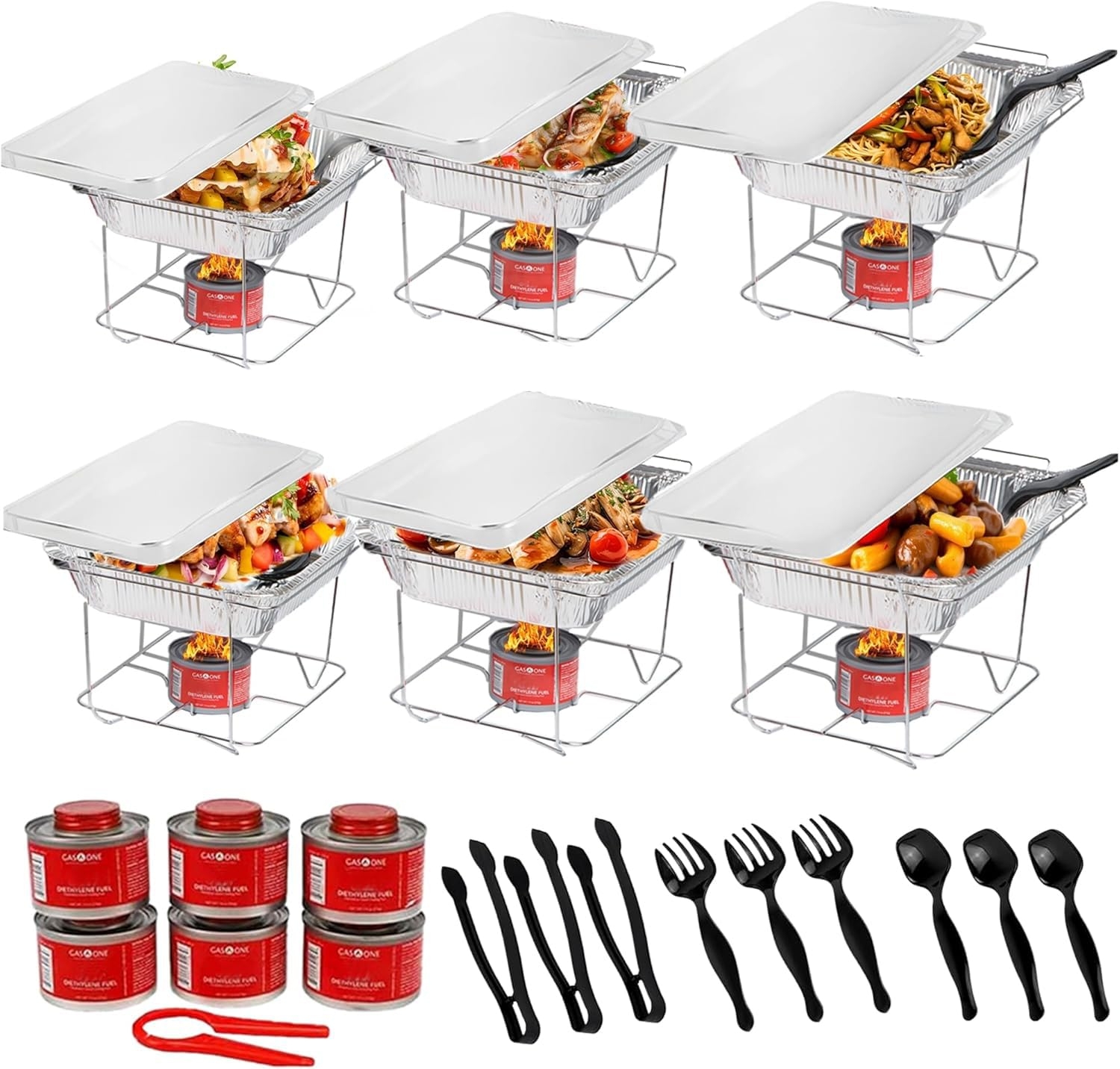 Alpha Living 6 Pack - Disposable Chafing Dish Buffet Set, Welded Body Food Warmers for Parties, Fuel Cans Complete Set, Half Size Pans, Warming Trays