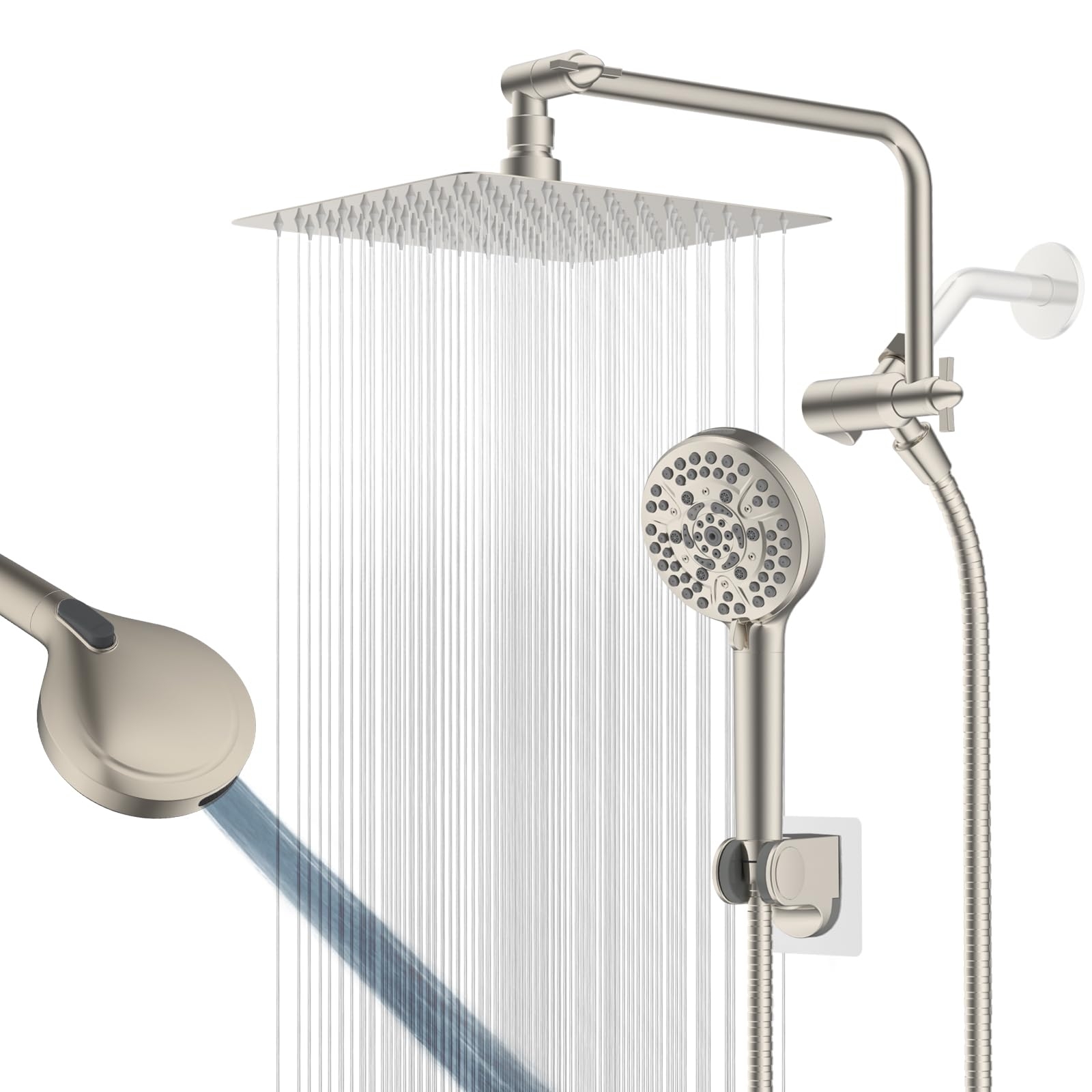 Hygie Rinse 10" All Metal Shower Head Combo, High Pressure 10-Spray Handheld Showerhead Rainfall Shower Head, 71" Long Hose, 3-Way Diverter Valve, Brushed Nickel