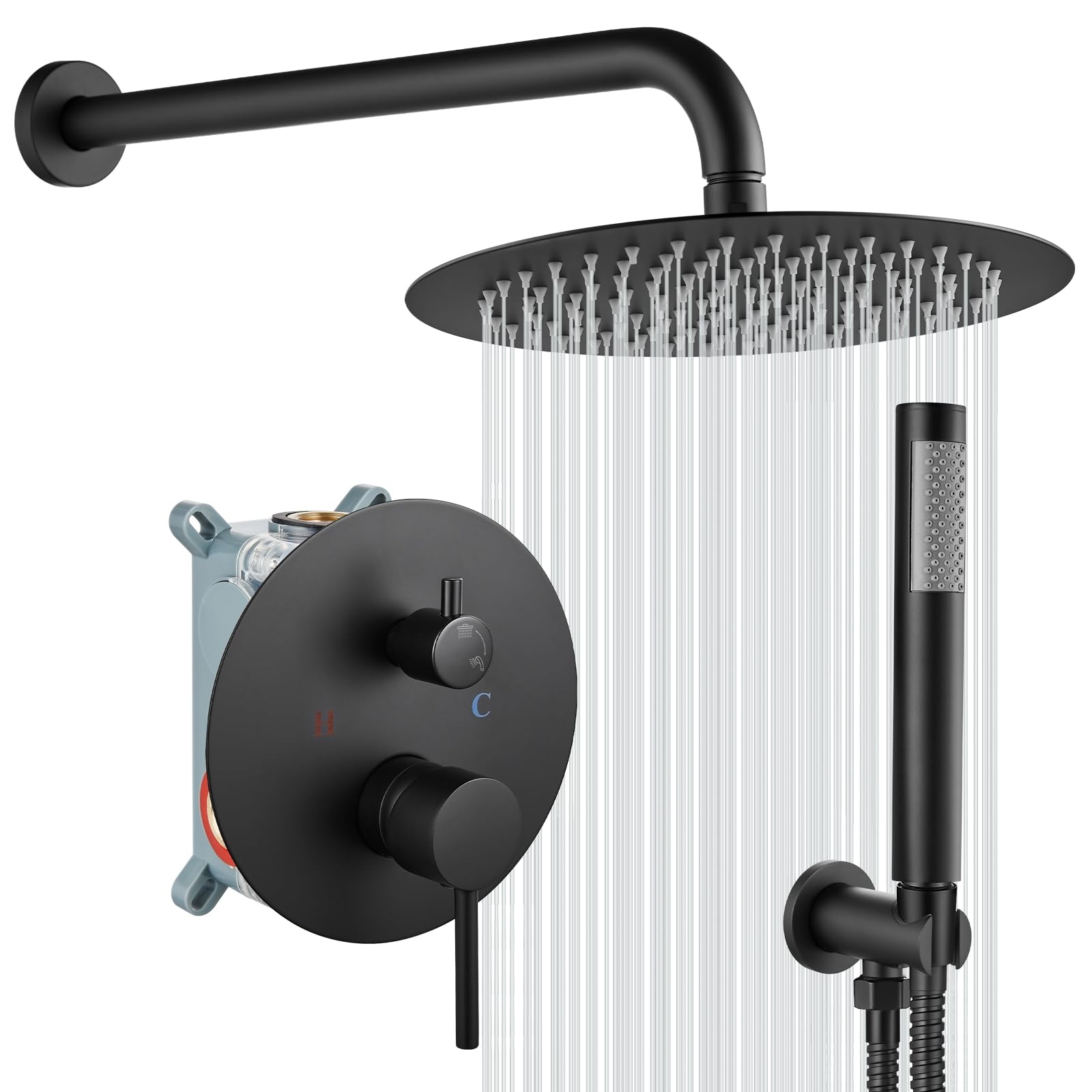 gotonovo Shower System 10 Inch Round Rainfall Showerhead Wall Mounted High Pressure Shower Faucet Set Fixture Combo with Rough in Valve and Cylindrical Handheld Spray, Matte Black