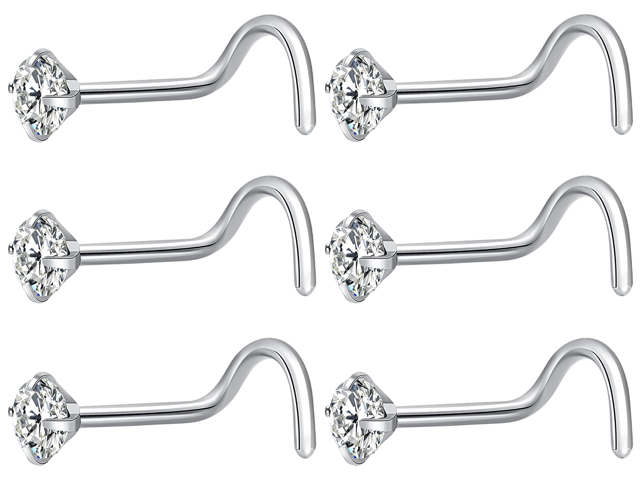 Fzroezz 6Pcs Nose Rings Studs Corkscrew 18 Gauge Nose Piercing Jewelry Real Nose Piercings Surgical Steel 18G Screw Nose Rings Jewelry for Women Men 2mm 2.5mm 3mm CZ Gold Silver Black