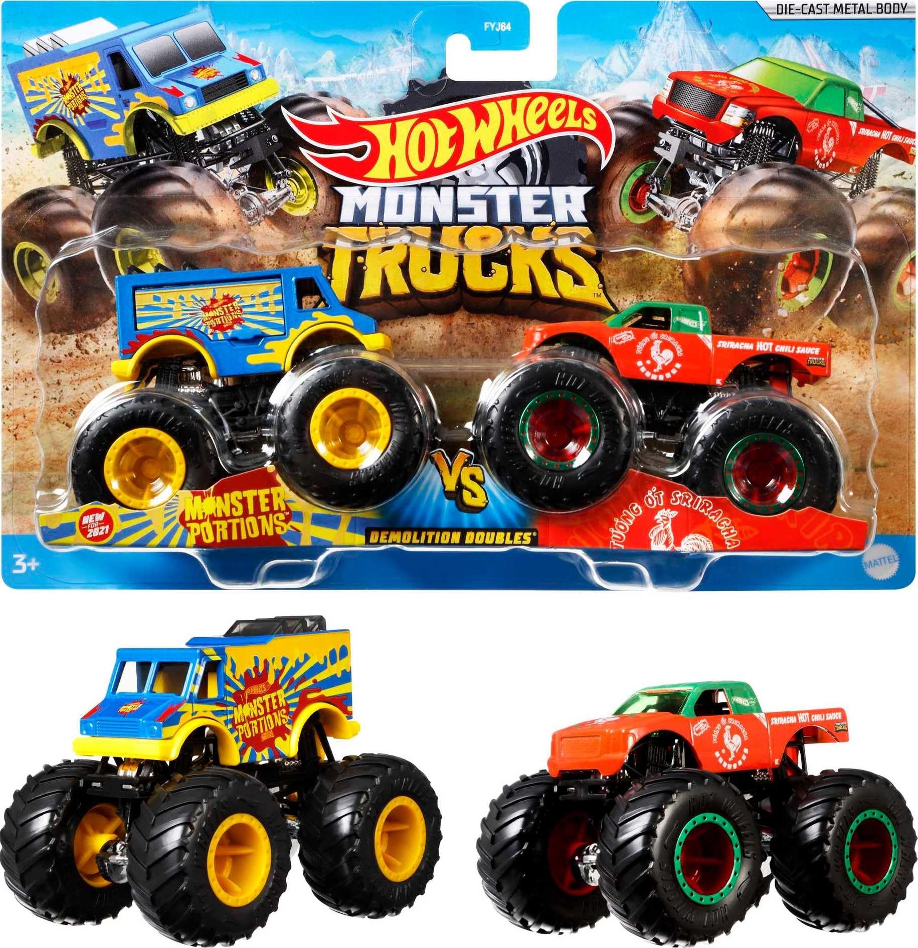 Hot Wheels Monster Trucks 1:64 Scale 2-Pack Assortment with Giant Wheels