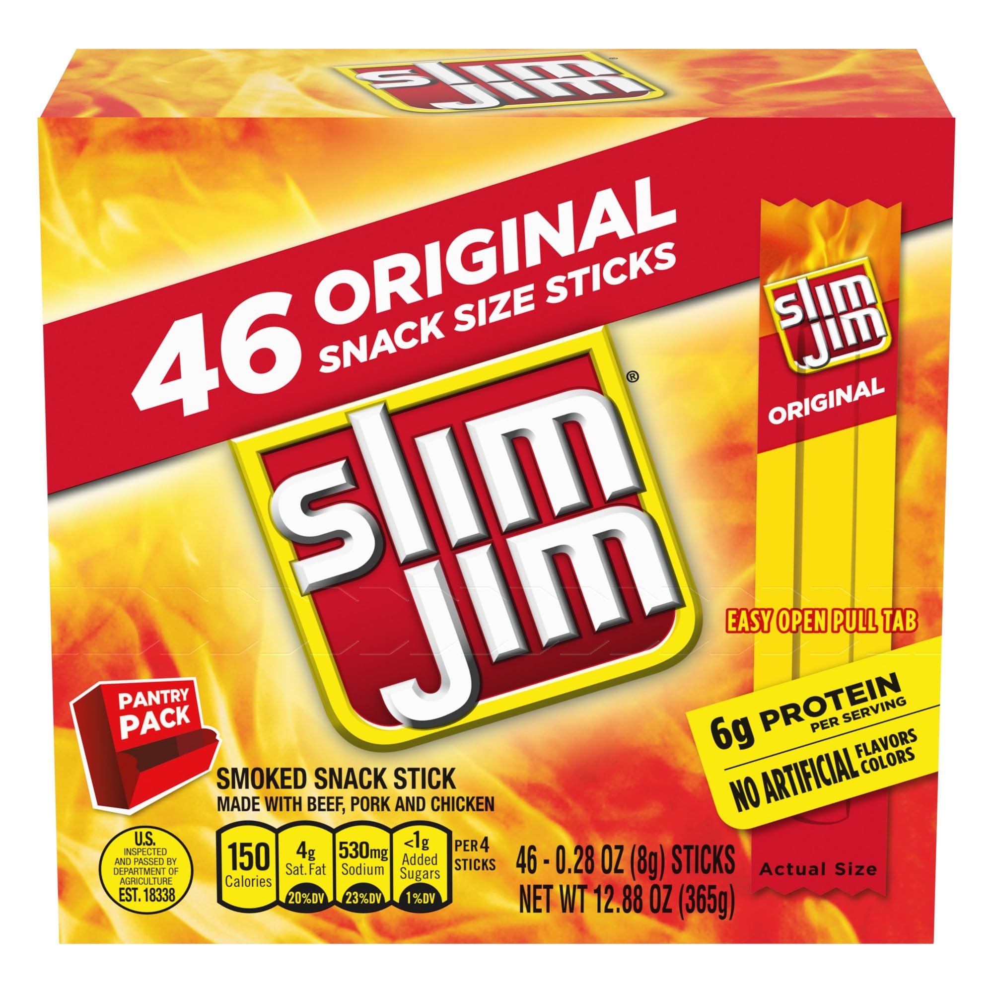 Slim Jim Smoked Meat Sticks, Original Flavor, 6g Protein Per Serving, Snack Size, 0.28 oz. (46 Count)