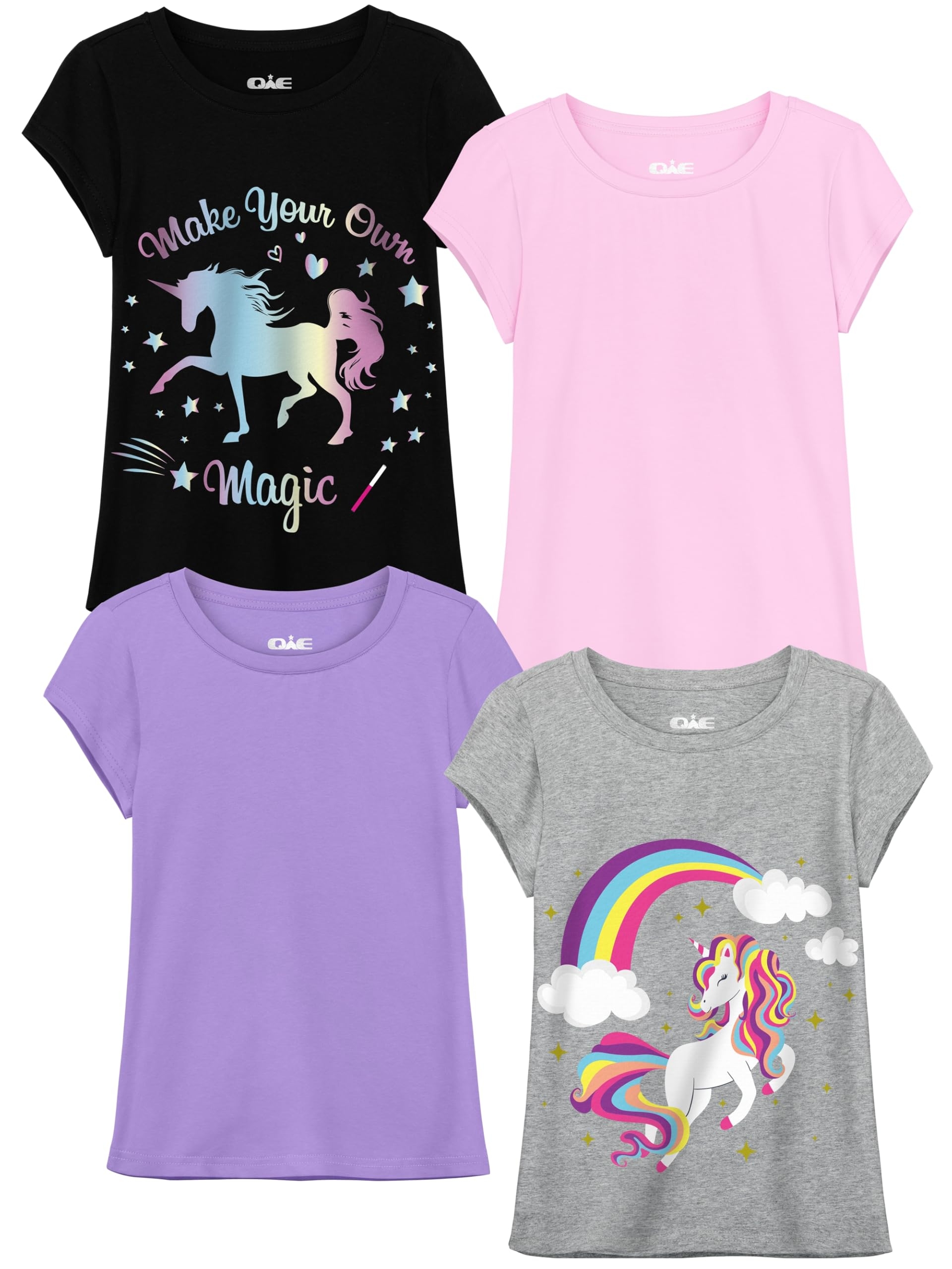 QWE 4 Pieces Girls Shirts Short Sleeve Cotton T-Shirts Graphic Tees Summer Tops Clothes for Girls 5-12 Years
