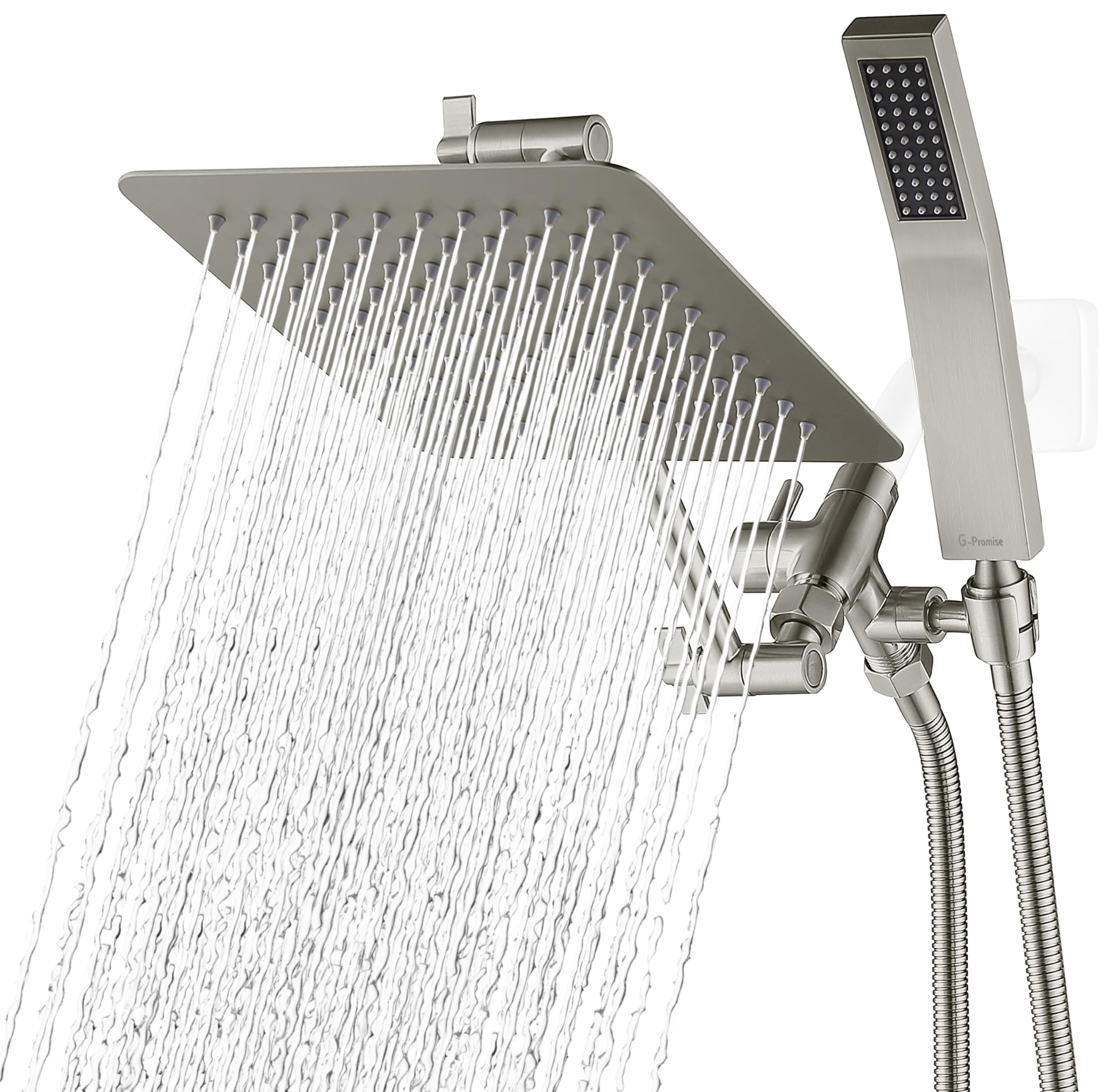 G-Promise All Metal 8 Inch Dual Square Shower Head with Handheld Combo, Rain Shower Head, Adjustable Extension Arm, Smooth 3-Way Diverter, 71 Inch Extra Long Hose - A Bathroom Upgrade (Brushed Nickel)