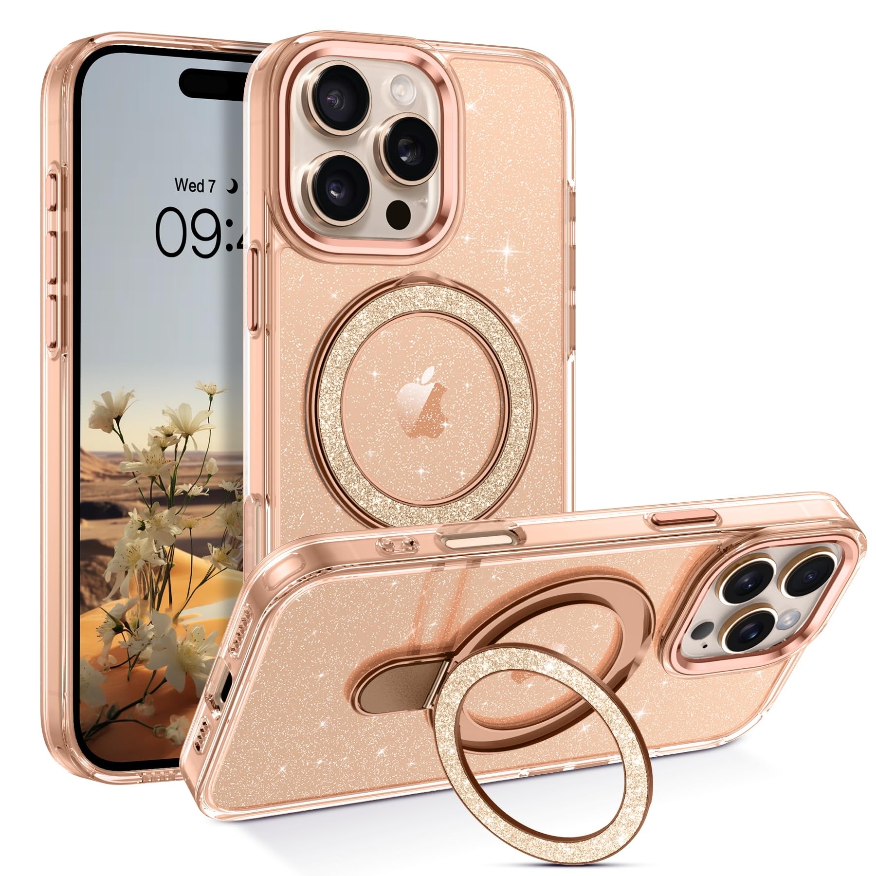 VENINGO iPhone 16 Pro Max Case, Magnetic Slim MagSafe Car Mount Supported Ring Holder Kickstand Sparkle Glitter Not Yellow Shockproof Protective Phone Cover for iPhone 16 Pro Max 6.9", Desert Titanium