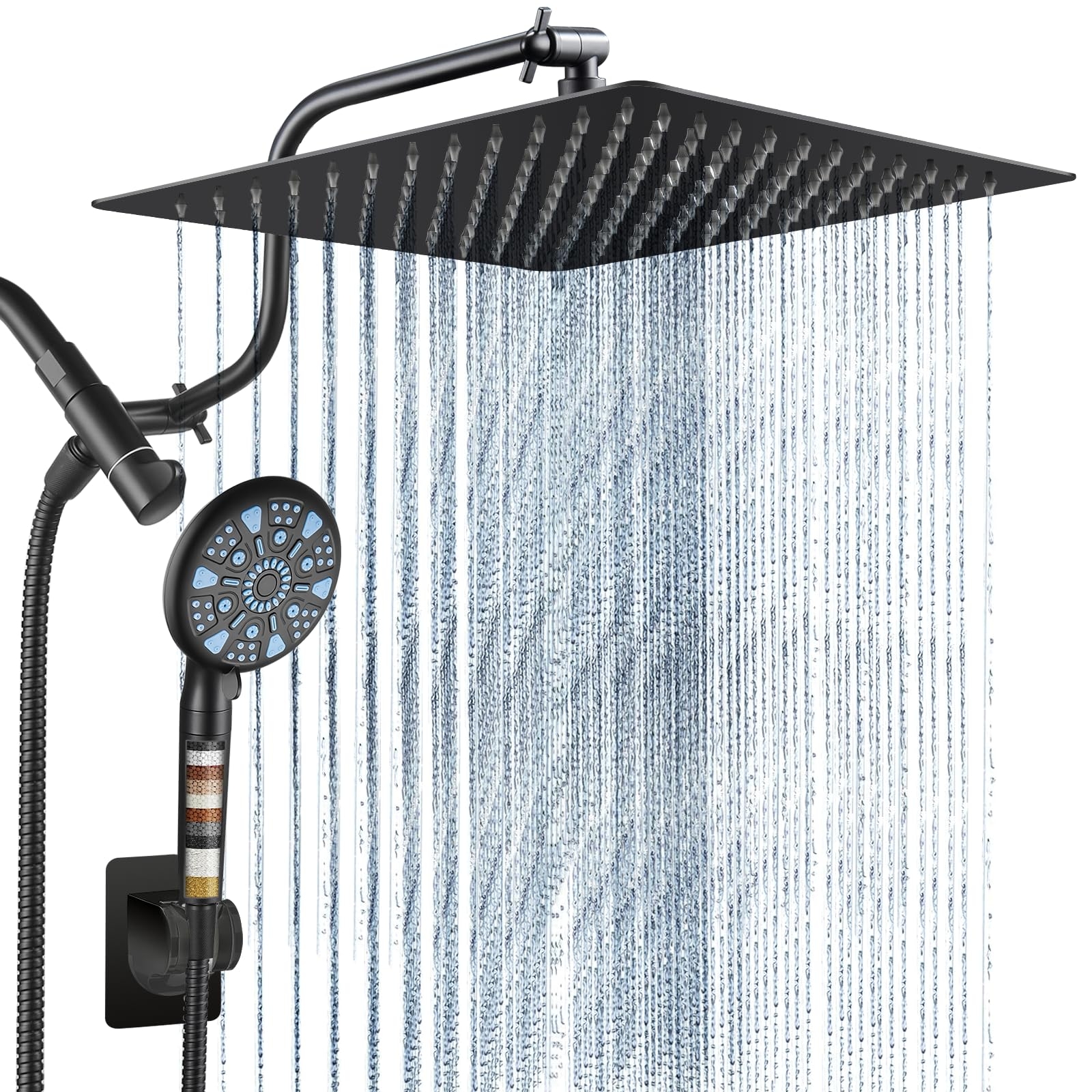 Cobbe 12 Inch All Metal 3-Way Rain Shower Head, High Pressure Shower Head, Dual Shower Heads with Handheld Spray Combo - Upgrade Extension Arm Height Adjustable - 9 Spray Filtered Shower Head, Black