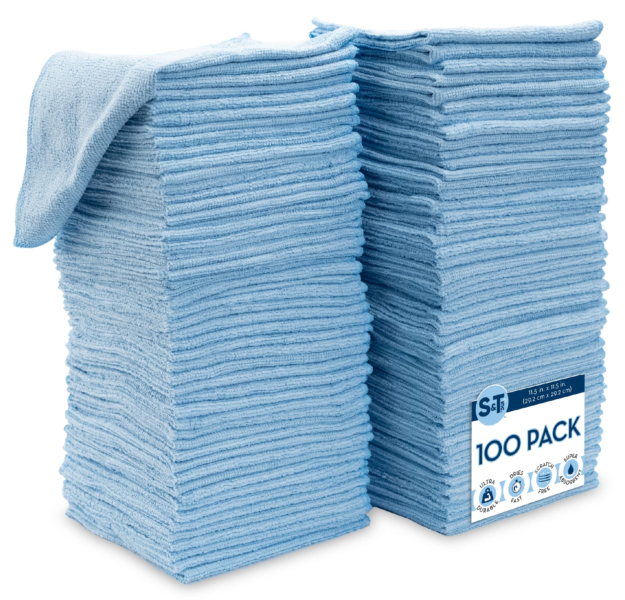 S&T INC. 100 Pack Microfiber Cleaning Cloth, Bulk Towels for Home, Reusable Microfiber Towels for Cars, Cleaning Rags, Light Blue, 11.5 Inches x 11.5 Inches, 100 Count