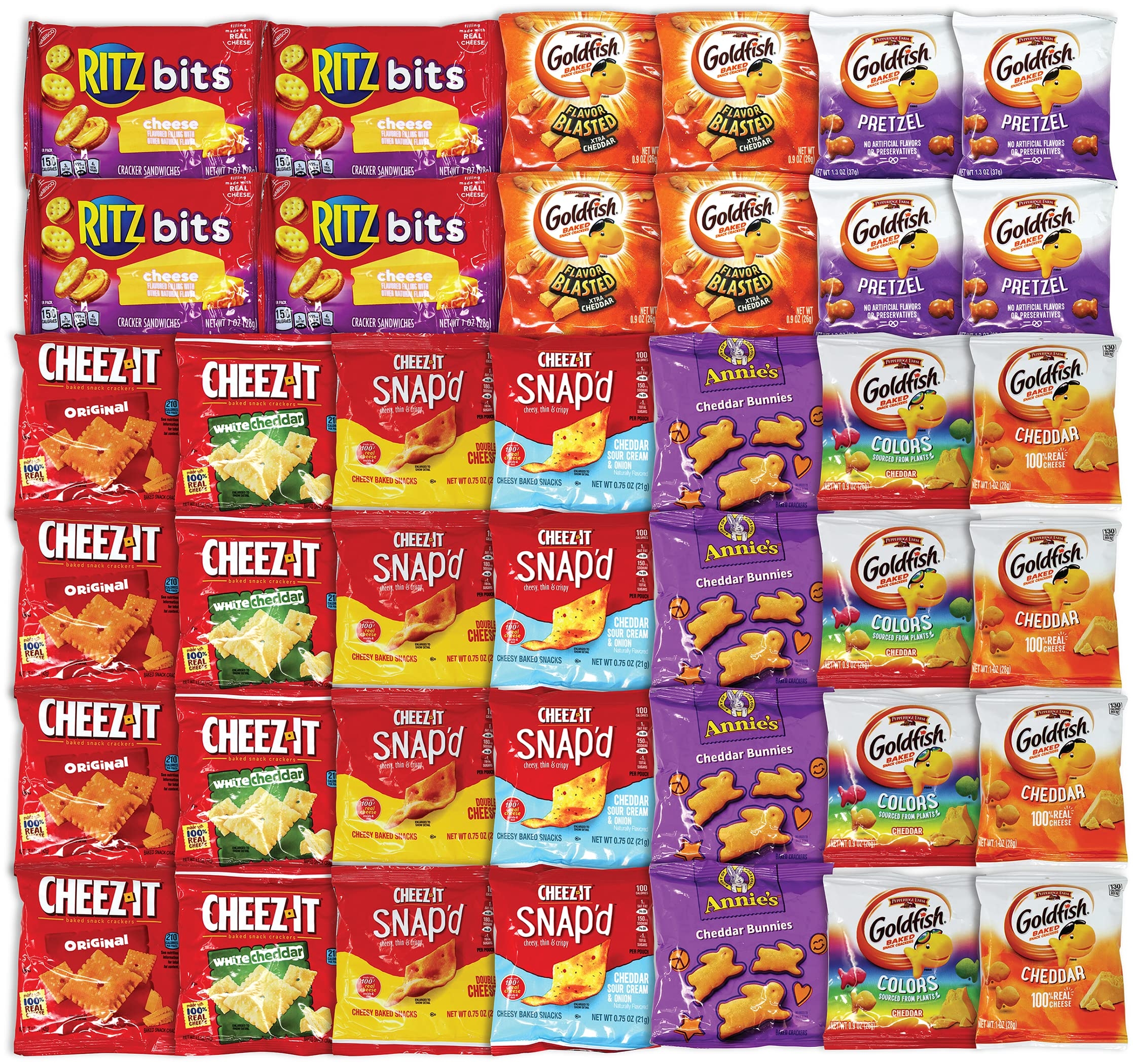 Niro Assortment | 40 Packs Individual Bags Cheese Crackers Variety Pack, Cheez-It, Gold fish, Annie's, and Ritz Bits Snack Packs | Snacks for Adults and Children