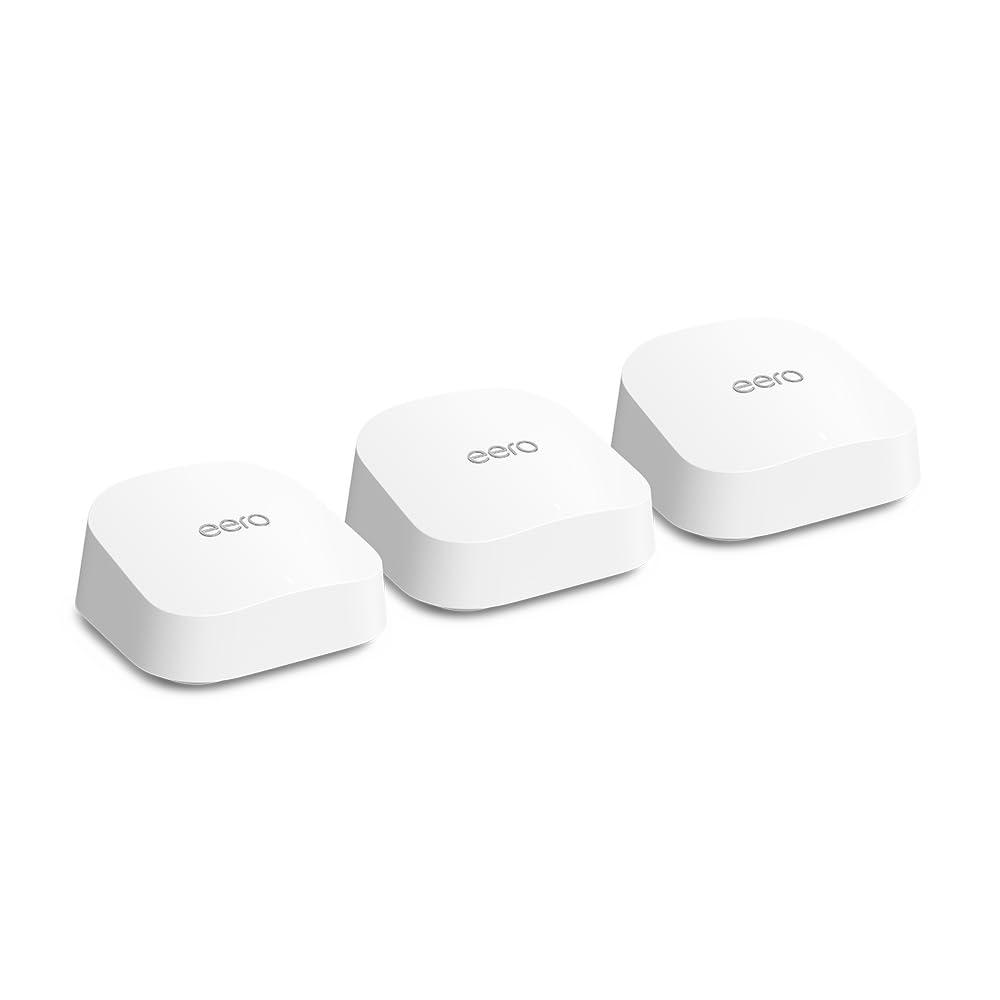 Amazon eero 7 with 1 month free eero Plus (auto-renews) - Supports internet plans up to 2.5 Gbps, Coverage up to 6,000 sq. ft., Connect 120+ devices, 3-pack