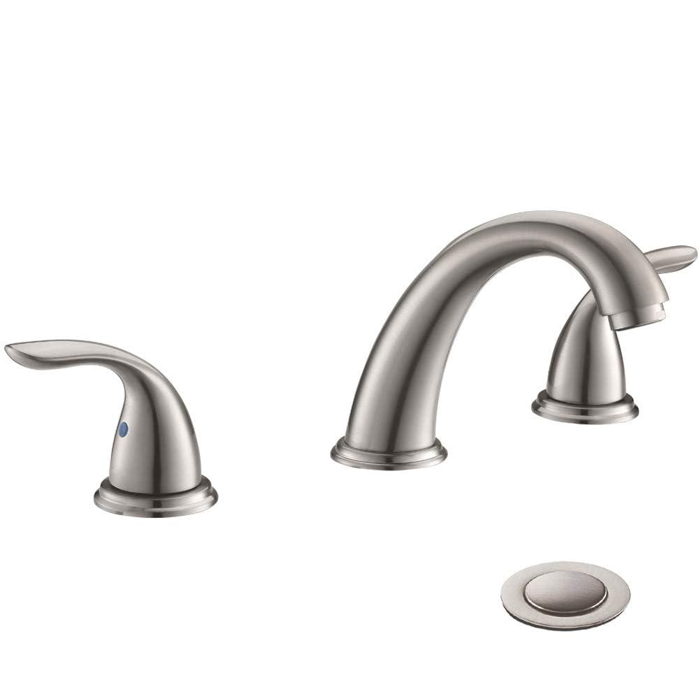 Phiestina 8 Inch 2 Handles 3 Holes Deck Mount Brushed Nickel Widespread Bathroom Faucet, with Stainless Steel Pop Up Drain, WF008-5-BN