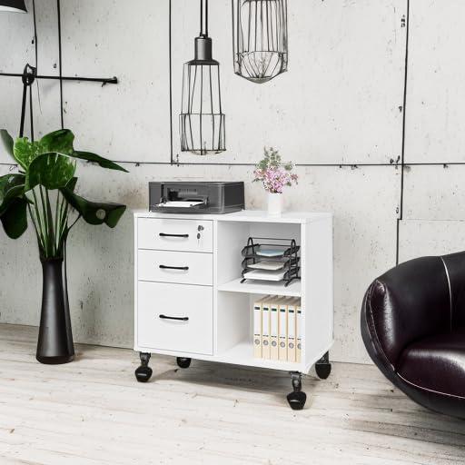 3 Drawer File Cabinets, Mobile Lateral Printer Stand with Open Shelf, Rolling Filing Cabinet with Wheels Home Office Organization and Storage (White) - Image 6