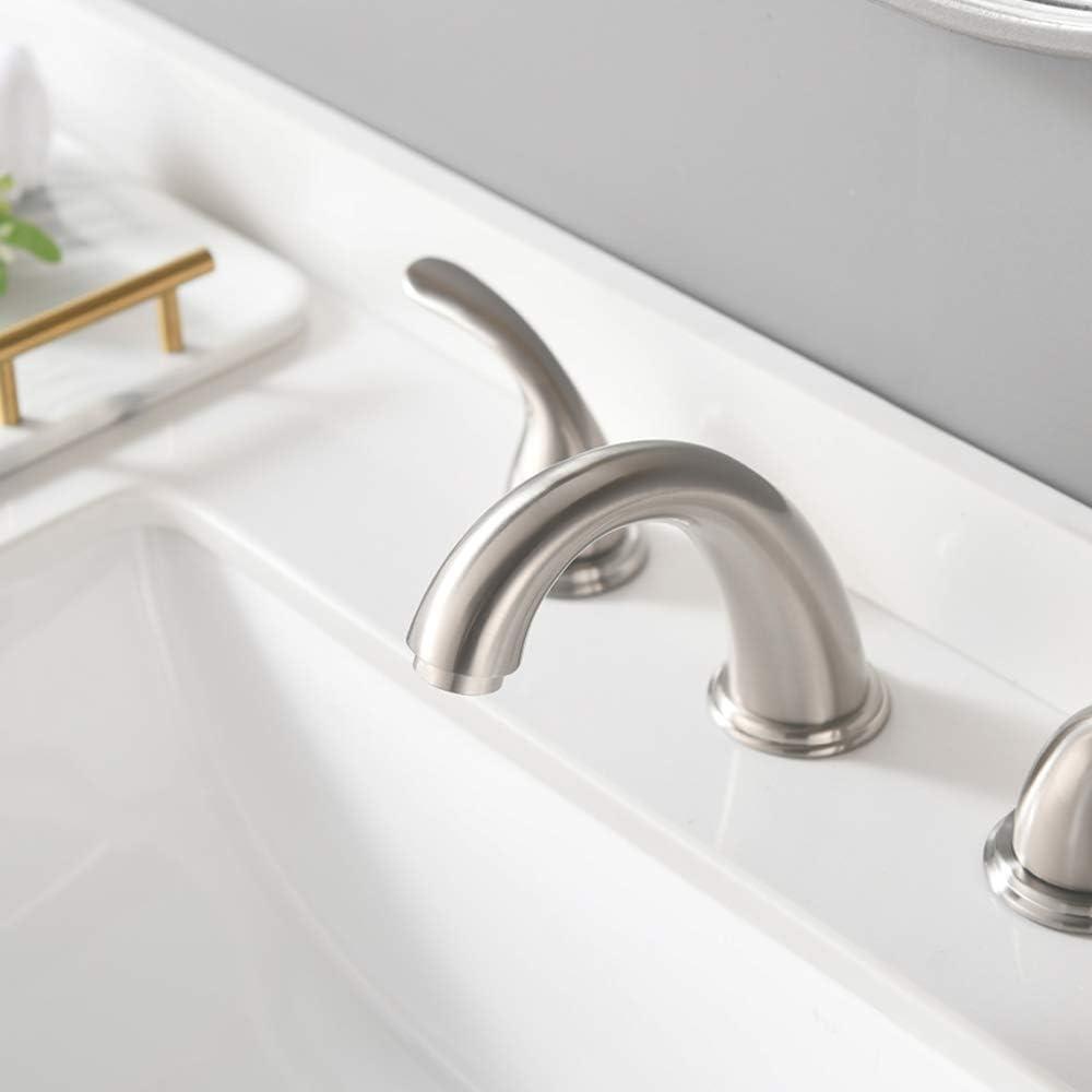 Phiestina 8 Inch 2 Handles 3 Holes Deck Mount Brushed Nickel Widespread Bathroom Faucet, with Stainless Steel Pop Up Drain, WF008-5-BN - Image 8