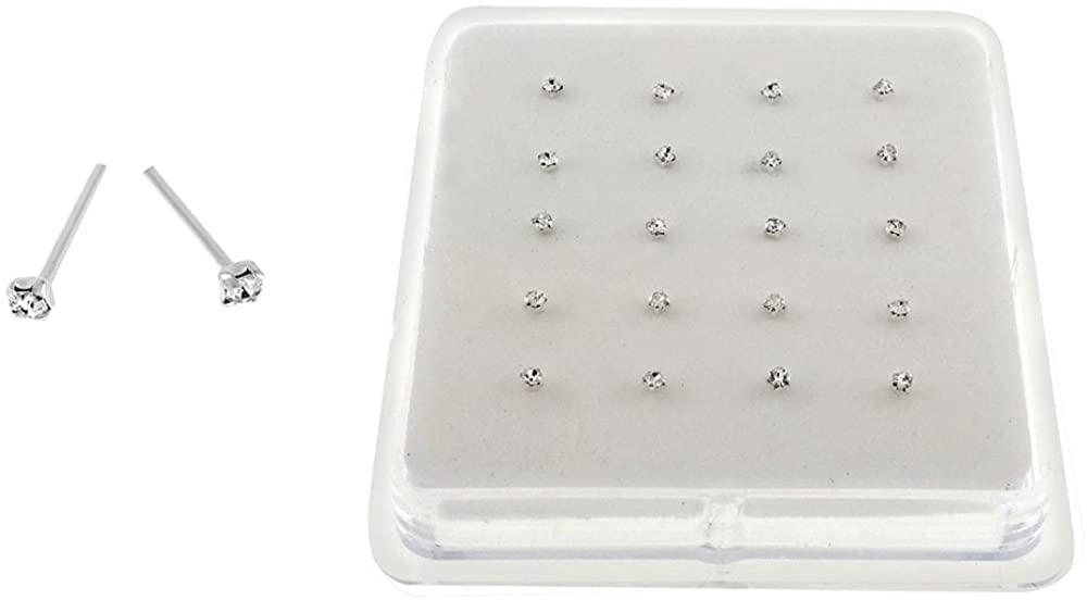 Silver Set of 20 Round Clear Simulated Diamond Nose Stud Box 1.5 mm Straight - Image 2