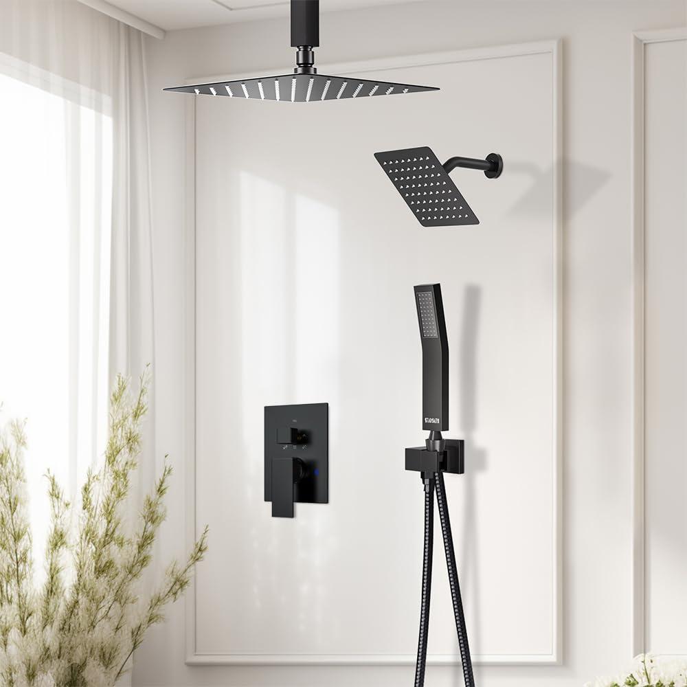 Shower Faucet Set Ceiling Shower System, STARBATH 12+6" Dual Rain Shower Head with Handheld Spray for Two People,Rainfall 3 Way Shower Valve with 5 Diverter and Trim Kit Complete, Matte Black - Image 2