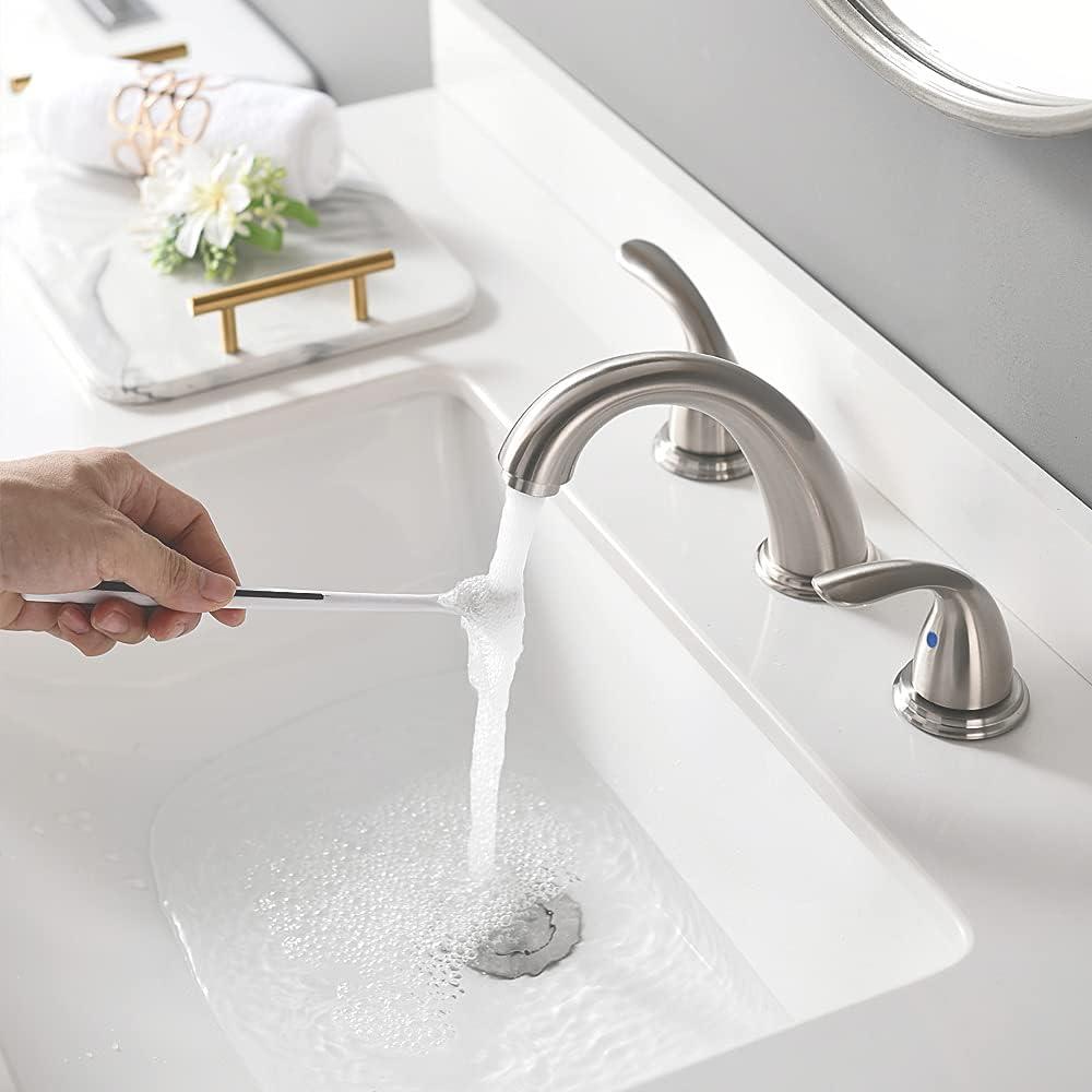 Phiestina 8 Inch 2 Handles 3 Holes Deck Mount Brushed Nickel Widespread Bathroom Faucet, with Stainless Steel Pop Up Drain, WF008-5-BN - Image 5
