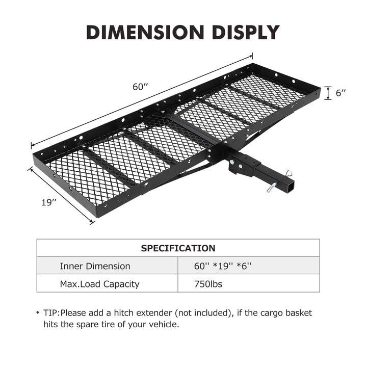 750 Lbs Capacity Cargo Baskets - Heavy-Duty Hitch Cargo Carrier Basket, 60" x 19" x 6" Cargo Rack Rear Luggage Basket for Car and SUV - Image 4