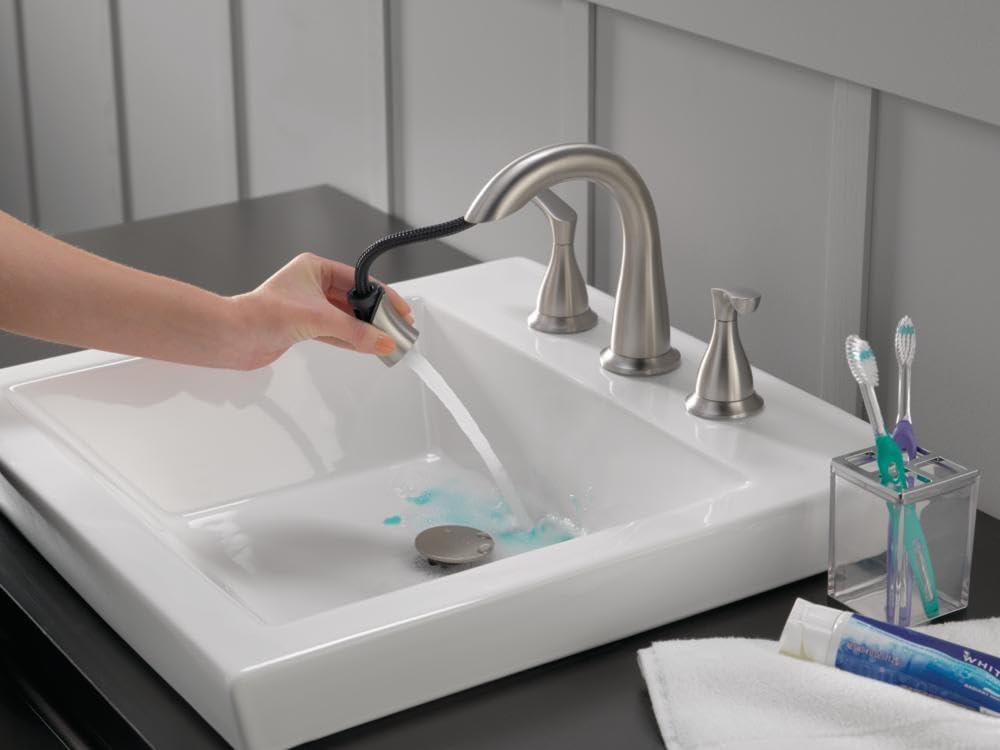 Delta Faucet Broadmoor Pull Down Bathroom Faucet Brushed Nickel, Bathroom Faucet, Widespread Bathroom Faucet 3 Hole with Magnetic Docking, Bathroom Sink Faucet, SpotShield Stainless 35765LF-SPPD - Image 2