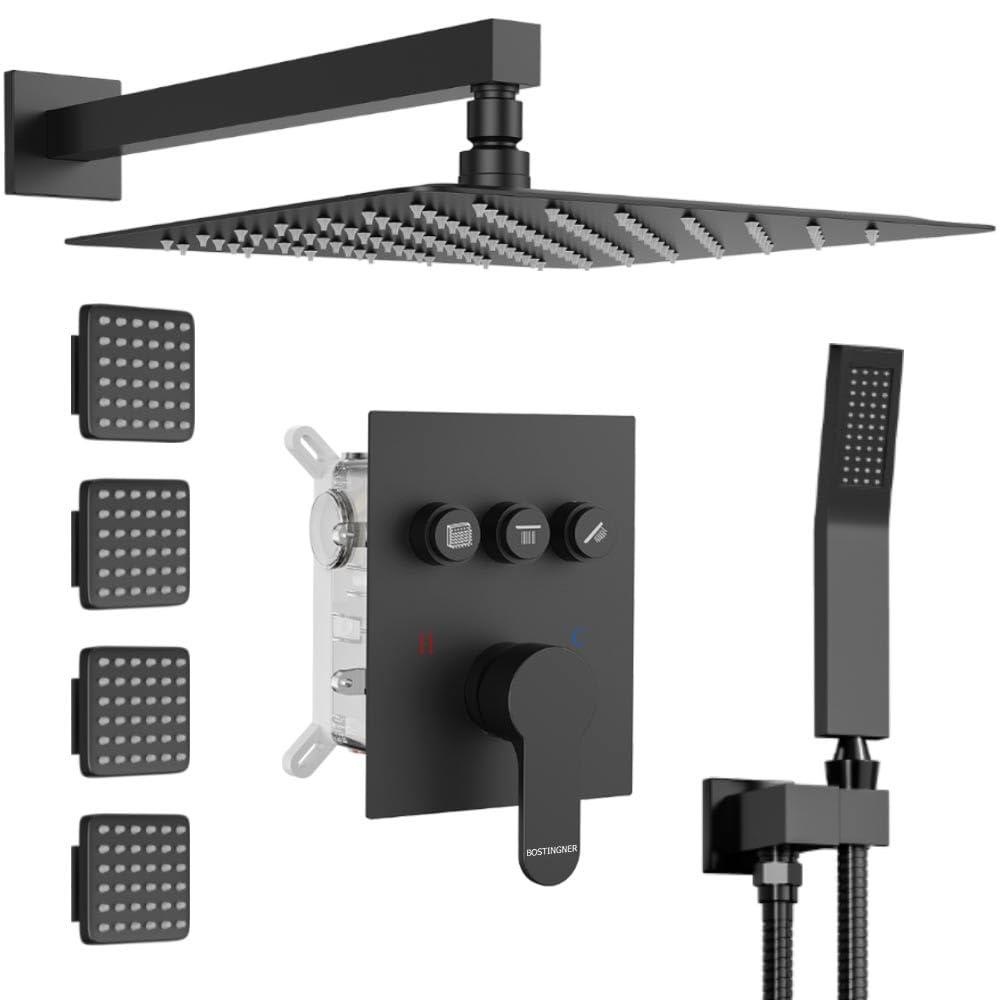 Shower Faucets Sets Matte Black Shower System with Body Jets,Bostingner 12" Rain Shower Head with Handheld Spray,Can Use at Same Time,3 Way Push Button Diverter Shower Set with Valve Kit Complete