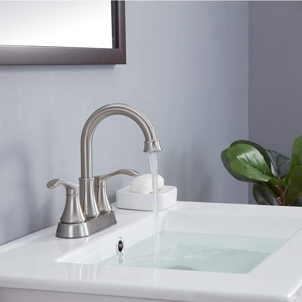 Lead-Free Commercial 2-Handle Brushed Nickel Bathroom Sink Faucet, 360° Swivel High-Arc Spout 4 Inch Centerset Lavatory Vanity Faucets Set for Bathroom Sink with Pop-up Drain & Water Hoses - Image 5