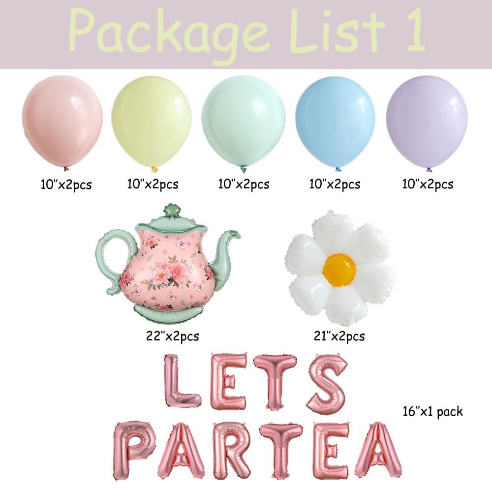Tea Party Decorations 26Pcs Macaron Balloons with LETS PARTEA Foil Balloon Banner, Teacups andTeapot Hanging Swirls for Floral Spring Birthday Mother's Day Talking Tables Tea Party Supplies - Image 4
