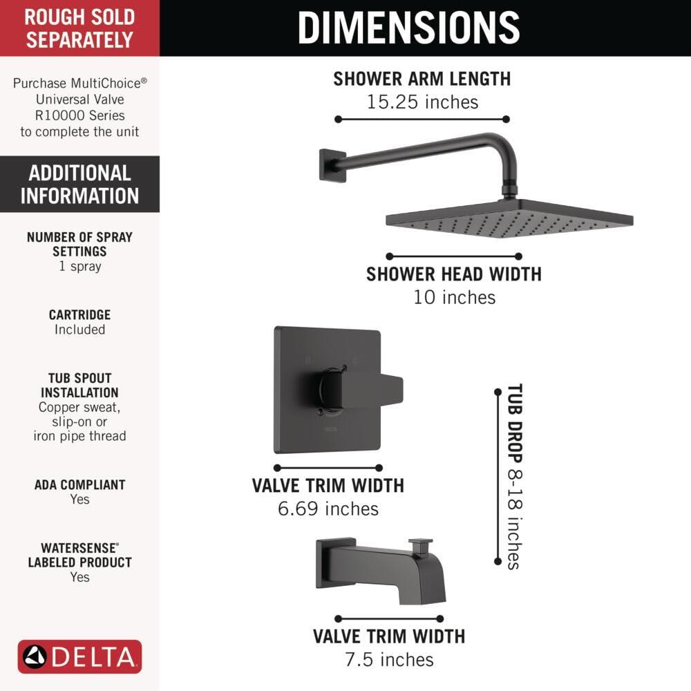 Delta Faucet Modern 14 Series Matte Black Shower Faucet, Tub and Shower Trim Kit with Single-Spray Touch-Clean Black Shower Head, Matte Black T14467-BL-PP (Valve Not Included) - Image 3