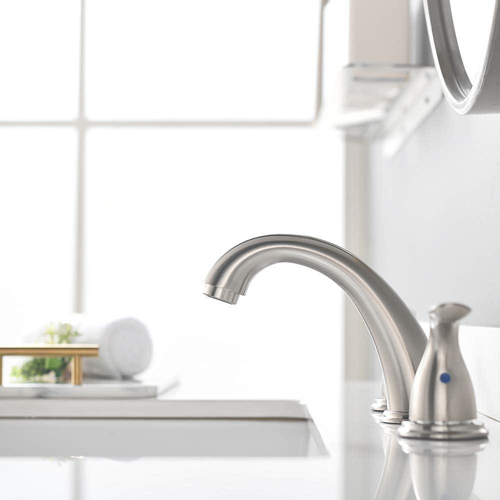 Phiestina 8 Inch 2 Handles 3 Holes Deck Mount Brushed Nickel Widespread Bathroom Faucet, with Stainless Steel Pop Up Drain, WF008-5-BN - Image 3